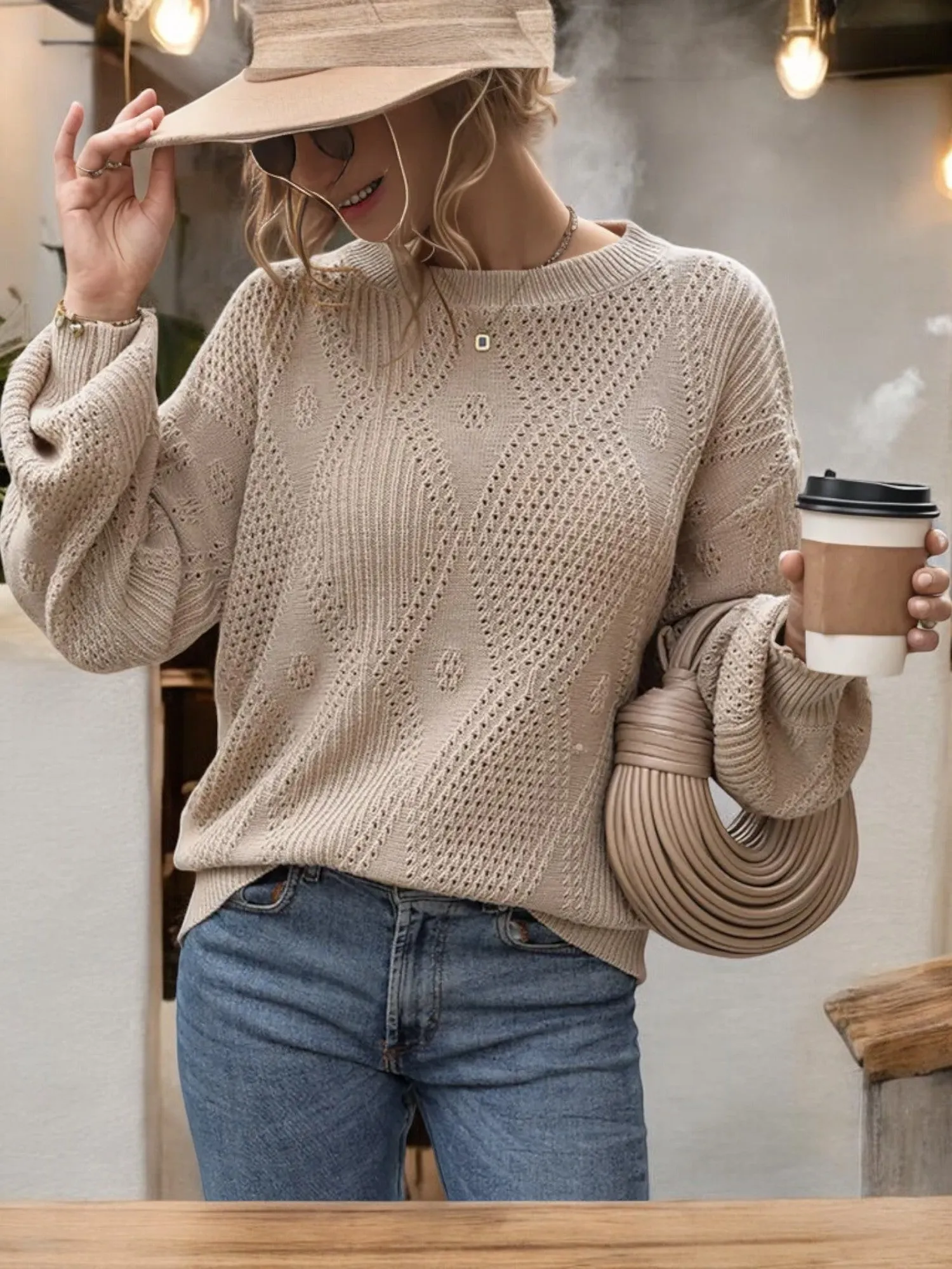 Textured Knit Sweater with Balloon Sleeves and Crew Neck sold by Anna-Kaci product image thumbnail 4