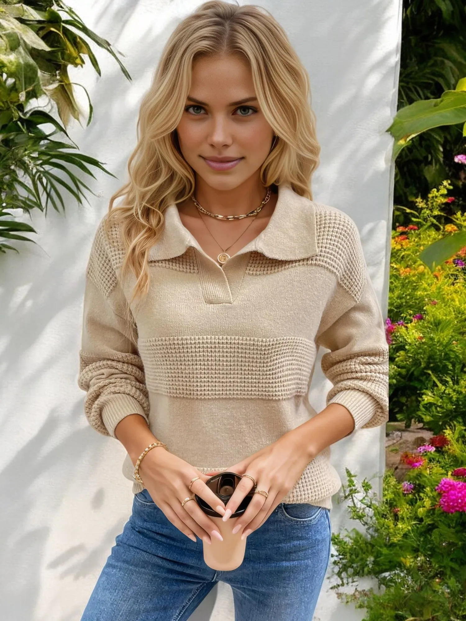 Striped Polo Collar Knit Sweater with Long Sleeves sold by Anna-Kaci