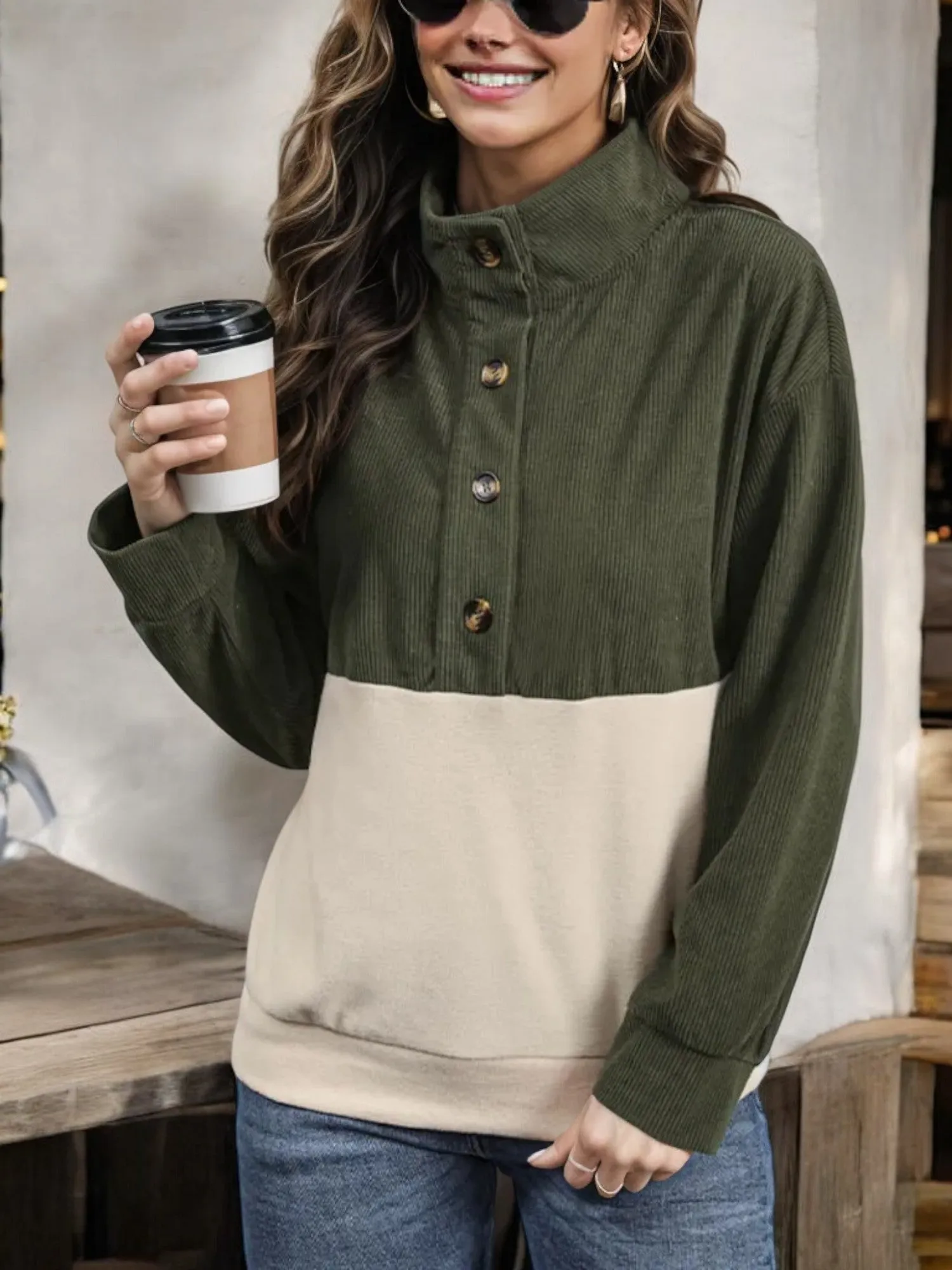 Colorblock Corduroy Button-Up Shirt with Collared Neck sold by Anna-Kaci product image thumbnail 2