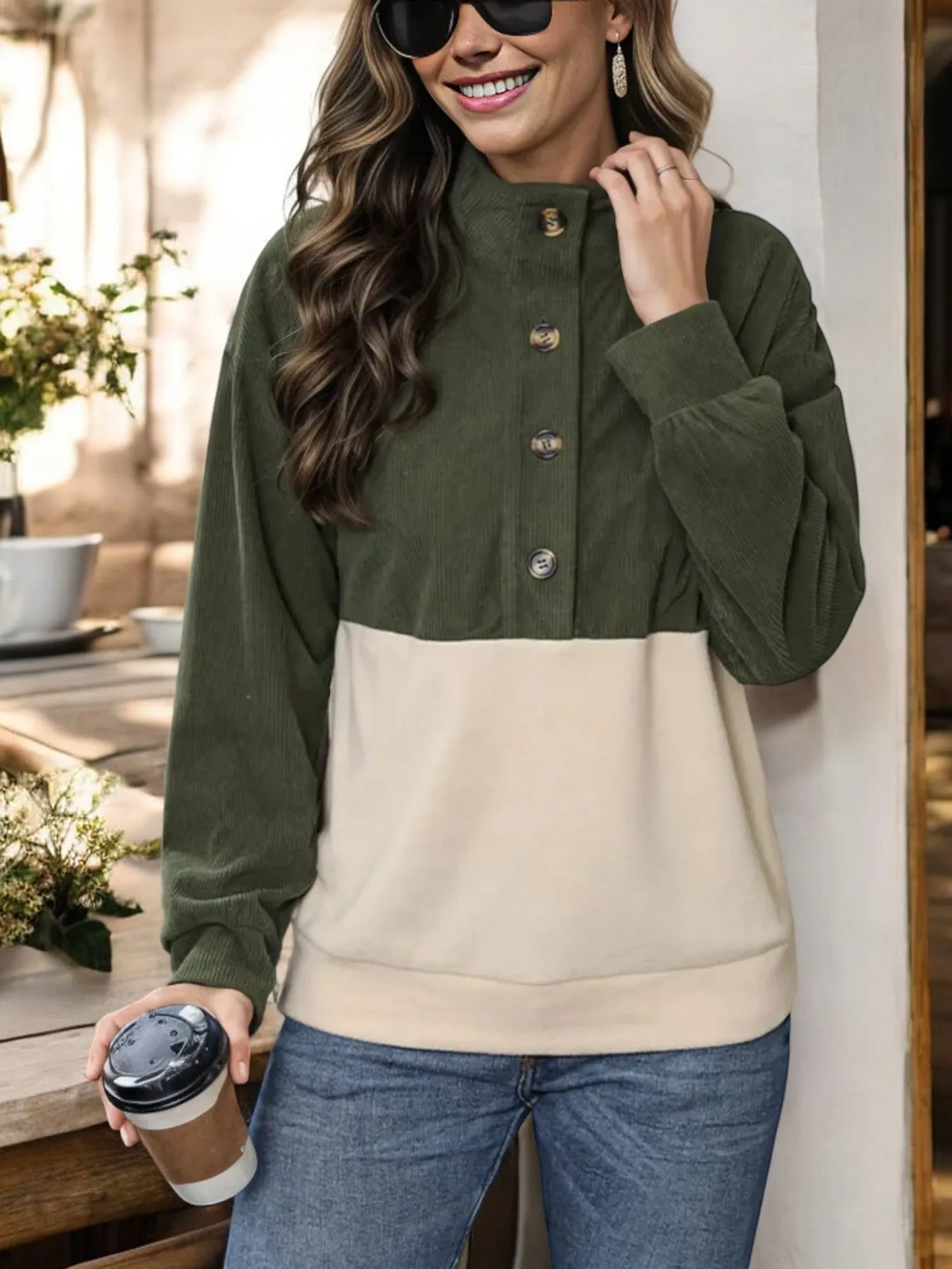 Colorblock Corduroy Button-Up Shirt with Collared Neck sold by Anna-Kaci product image thumbnail 4