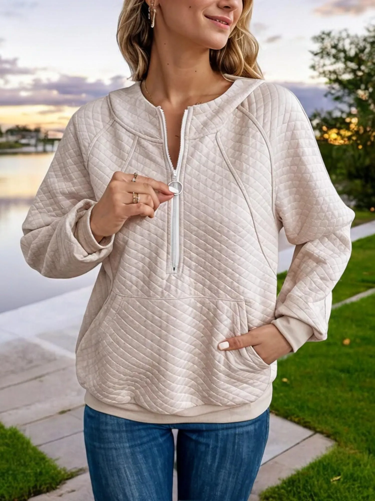 Quilted Half-Zip Pullover Sweatshirt with Front Pocket sold by Anna-Kaci product image thumbnail 2
