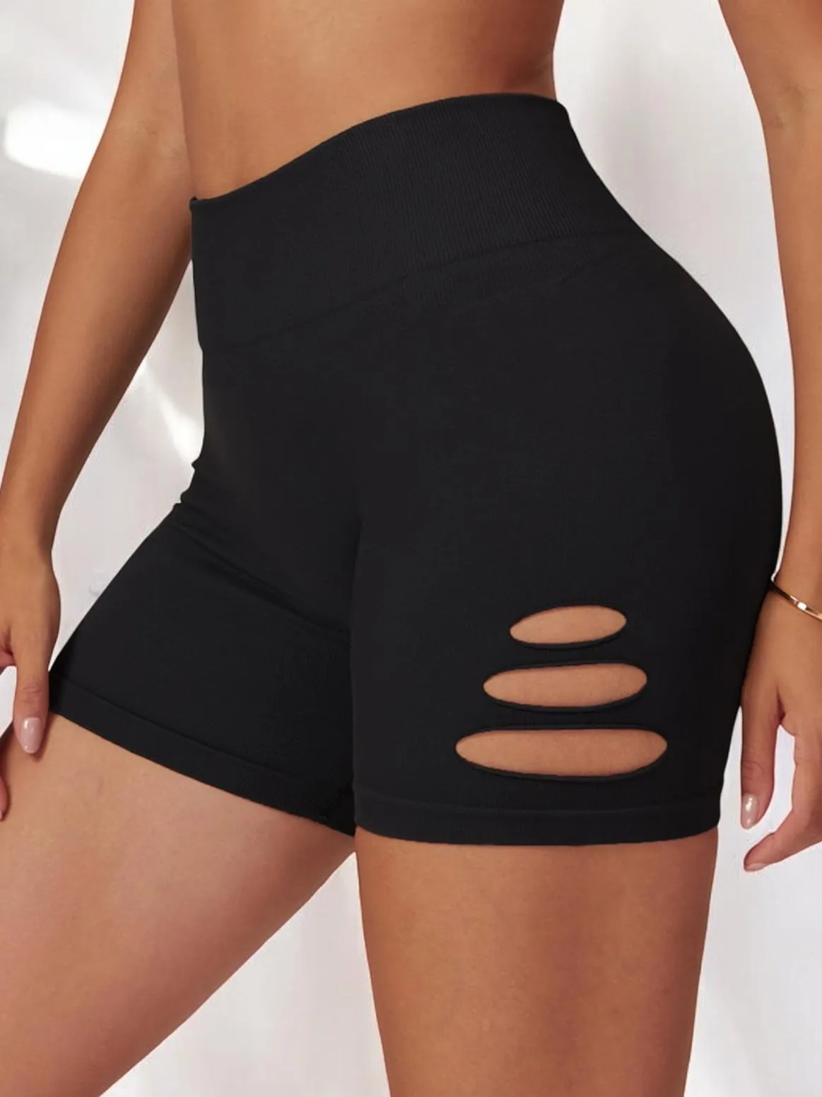 High Waist Cutout Athletic Shorts with Ribbed Stretch Fit sold by Anna-Kaci