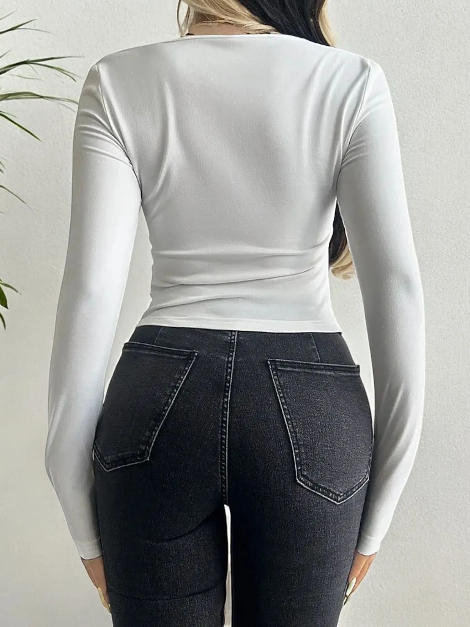 Long Sleeve Tie-Front Ruched Top with Square Neckline and Flared Cuffs sold by Anna-Kaci product image thumbnail 5