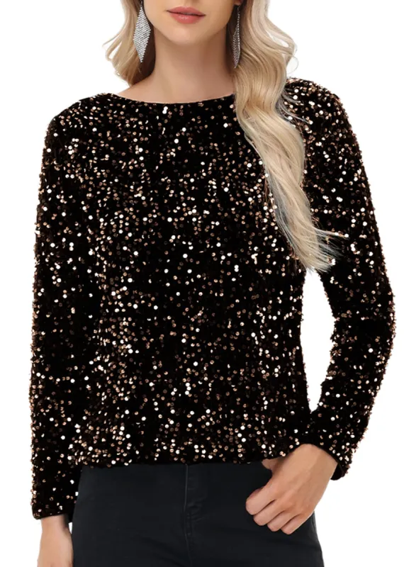 Anna-Kaci Women's Sequin Tops Sparkly Long Sleeve Glitter Evening Party Concert Shirt Blouse sold by Anna-Kaci