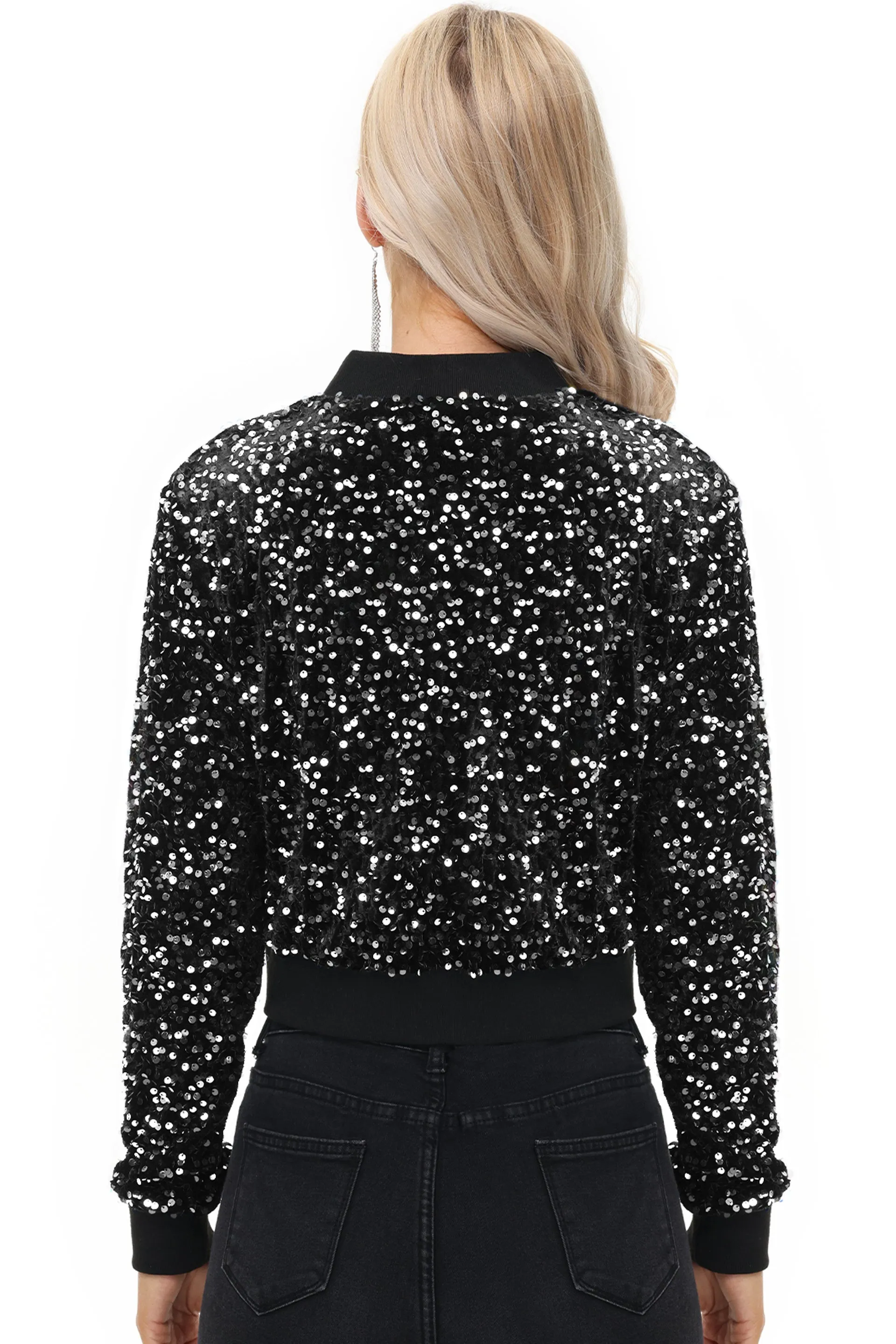 Anna-Kaci Womens Sparkly Sequin Jacket Cropped Two-Way-Zipper Glitter Party Club Bomber Jacket sold by Anna-Kaci product image thumbnail 4