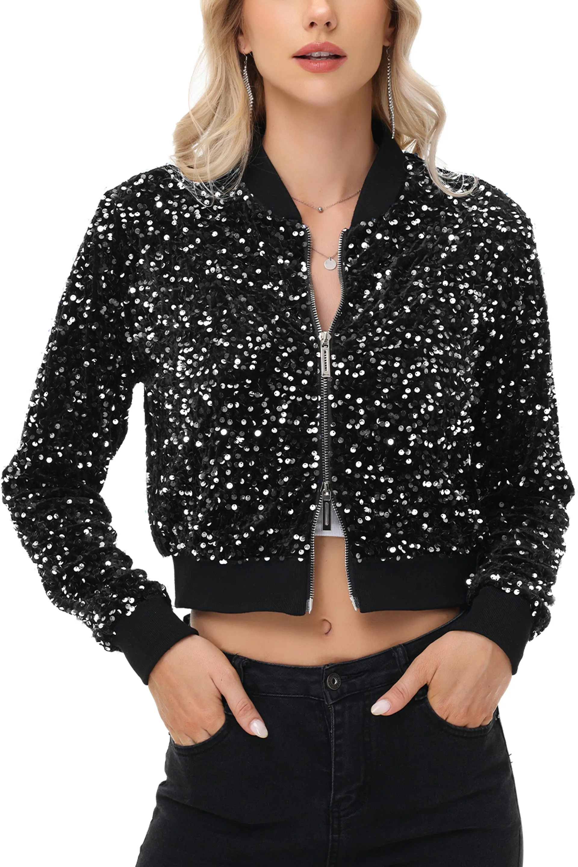 Anna-Kaci Womens Sparkly Sequin Jacket Cropped Two-Way-Zipper Glitter Party Club Bomber Jacket sold by Anna-Kaci