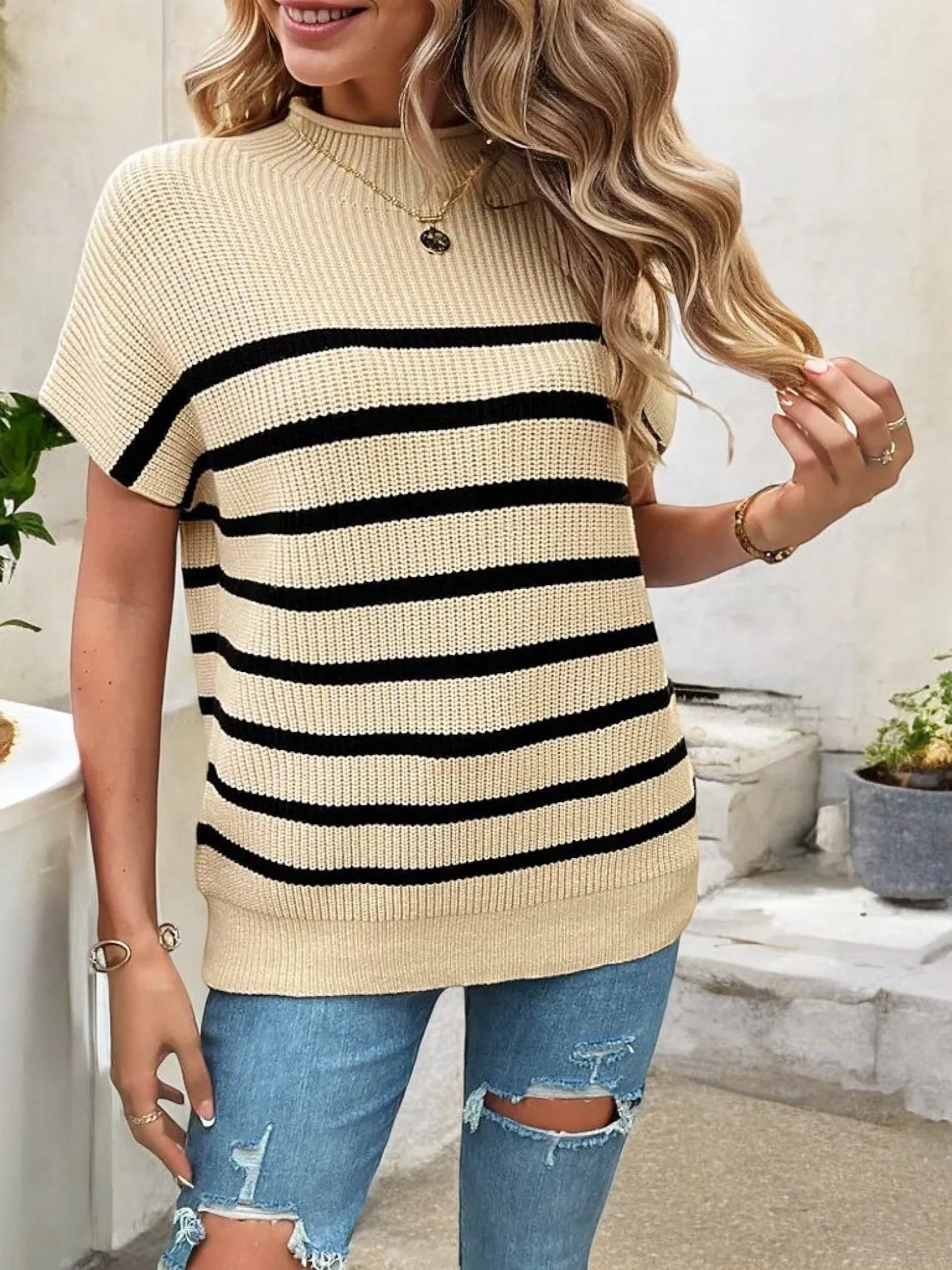 Women's Short Sleeve Knit Top with Bold Striped Design and Ribbed Hem sold by Anna-Kaci product image thumbnail 4