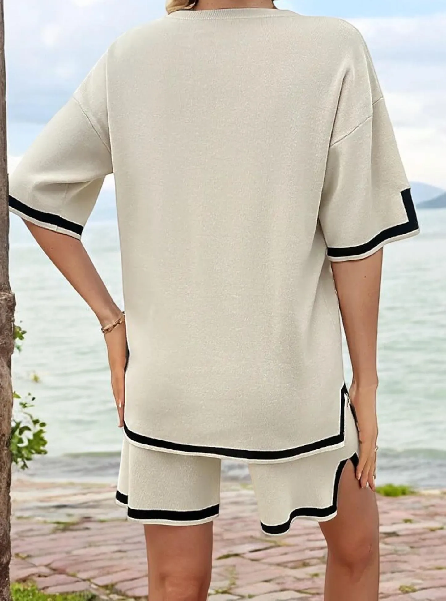 Women's Short Sleeve Two-Piece Lounge Set with Contrast Trim sold by Anna-Kaci product image thumbnail 3