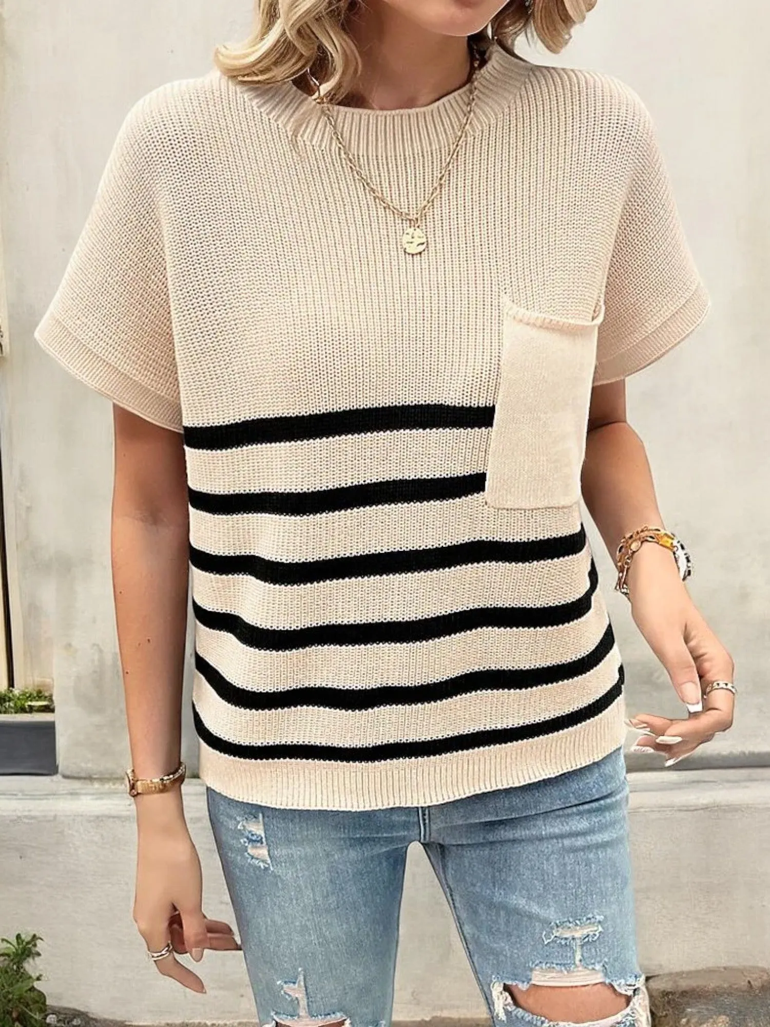 Women's Short Sleeve Striped Knit Top with Front Pocket and Ribbed Detailing sold by Anna-Kaci product image thumbnail 4