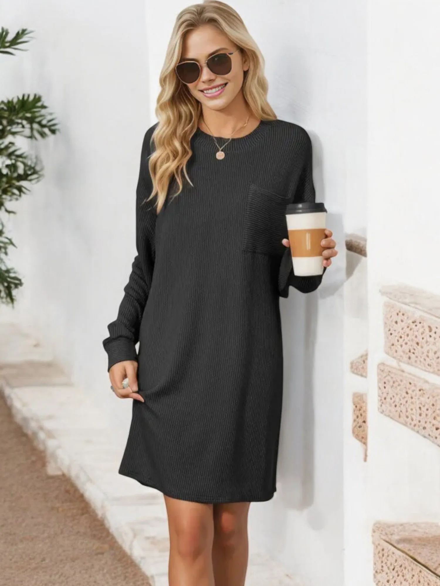 Long Sleeve Ribbed Knit Dress with Front Pocket Detail sold by Anna-Kaci product image thumbnail 5