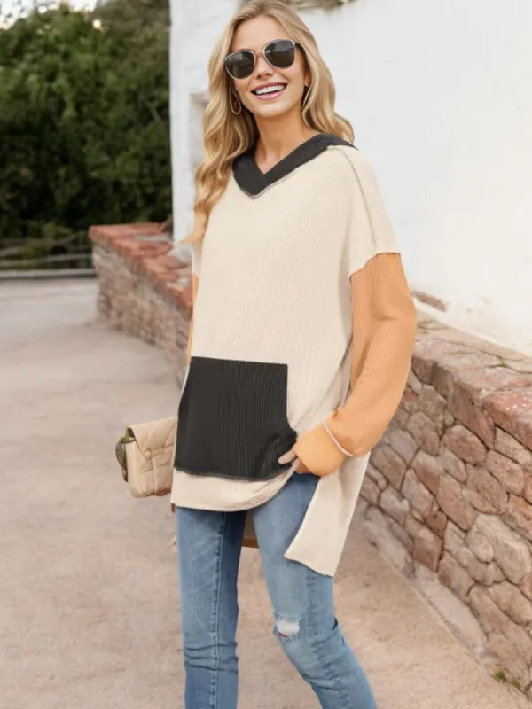 Color Block V-Neck Sweater with Long Sleeves and Front Pocket sold by Anna-Kaci
