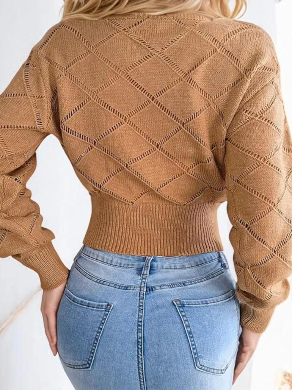 Cropped Diamond Pattern Sweater with Long Sleeves and Ribbed Hem sold by Anna-Kaci product image thumbnail 3