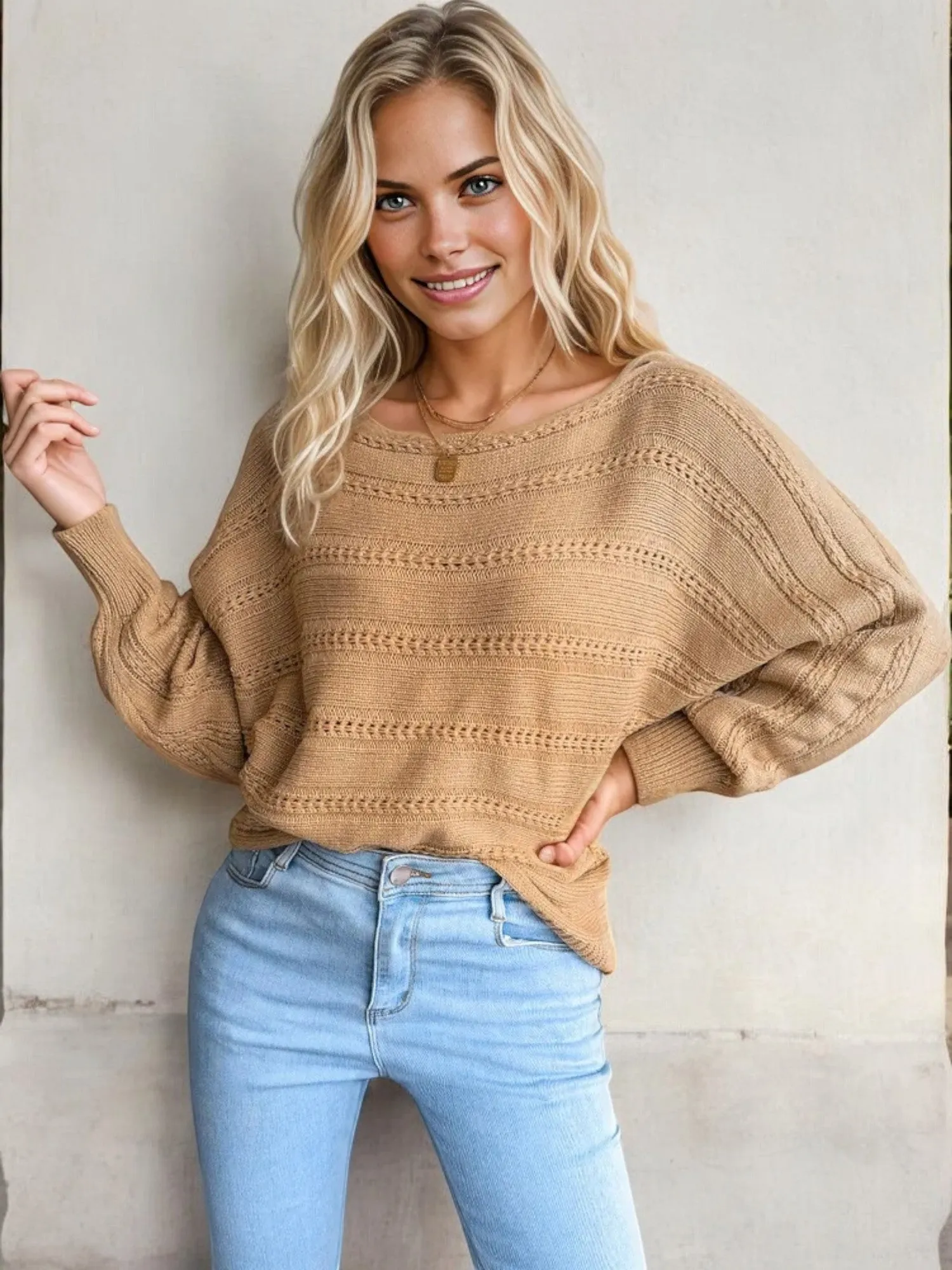 Off Shoulder Long Sleeve Knit Sweater with Eyelet Design sold by Anna-Kaci product image thumbnail 5