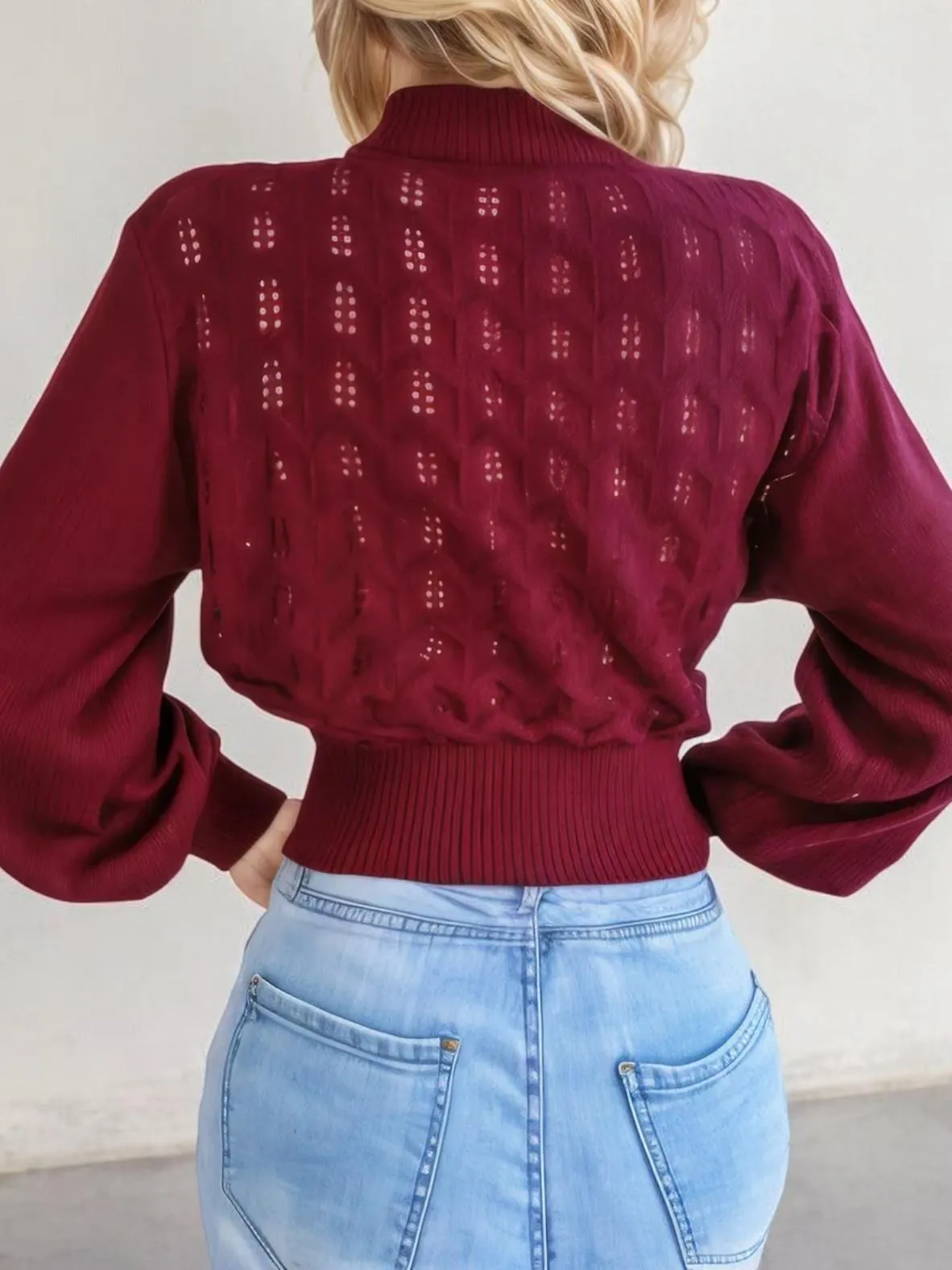 Long Sleeve Mock Neck Cropped Sweater with Eyelet Design sold by Anna-Kaci product image thumbnail 4