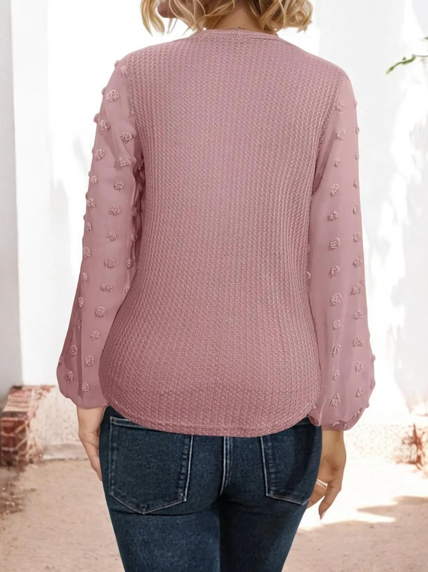 Long Sleeve V-Neck Blouse with Textured Sleeves and Front Tie sold by Anna-Kaci product image thumbnail 4