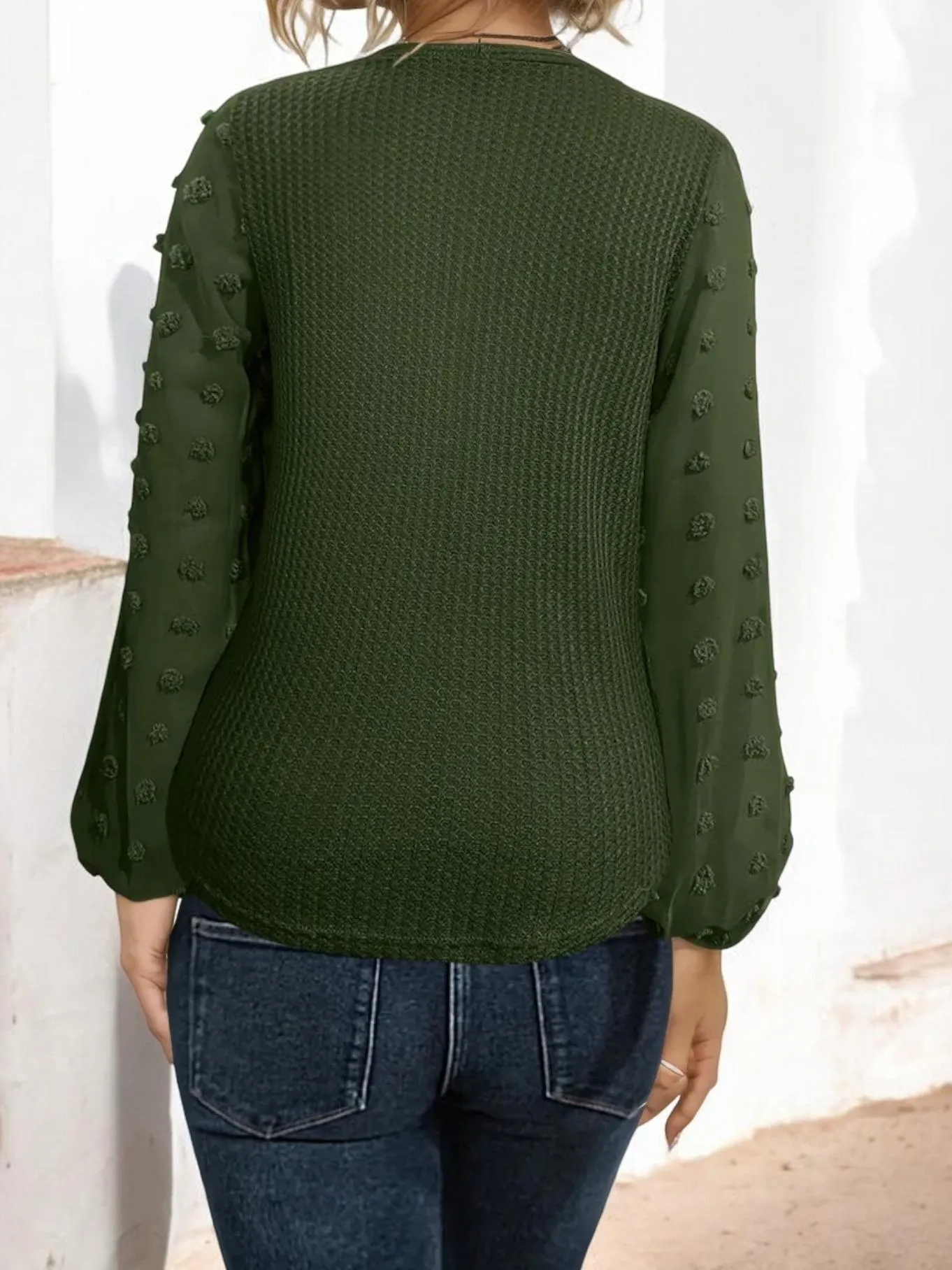 Long Sleeve V-Neck Blouse with Textured Sleeves and Front Tie sold by Anna-Kaci product image thumbnail 2