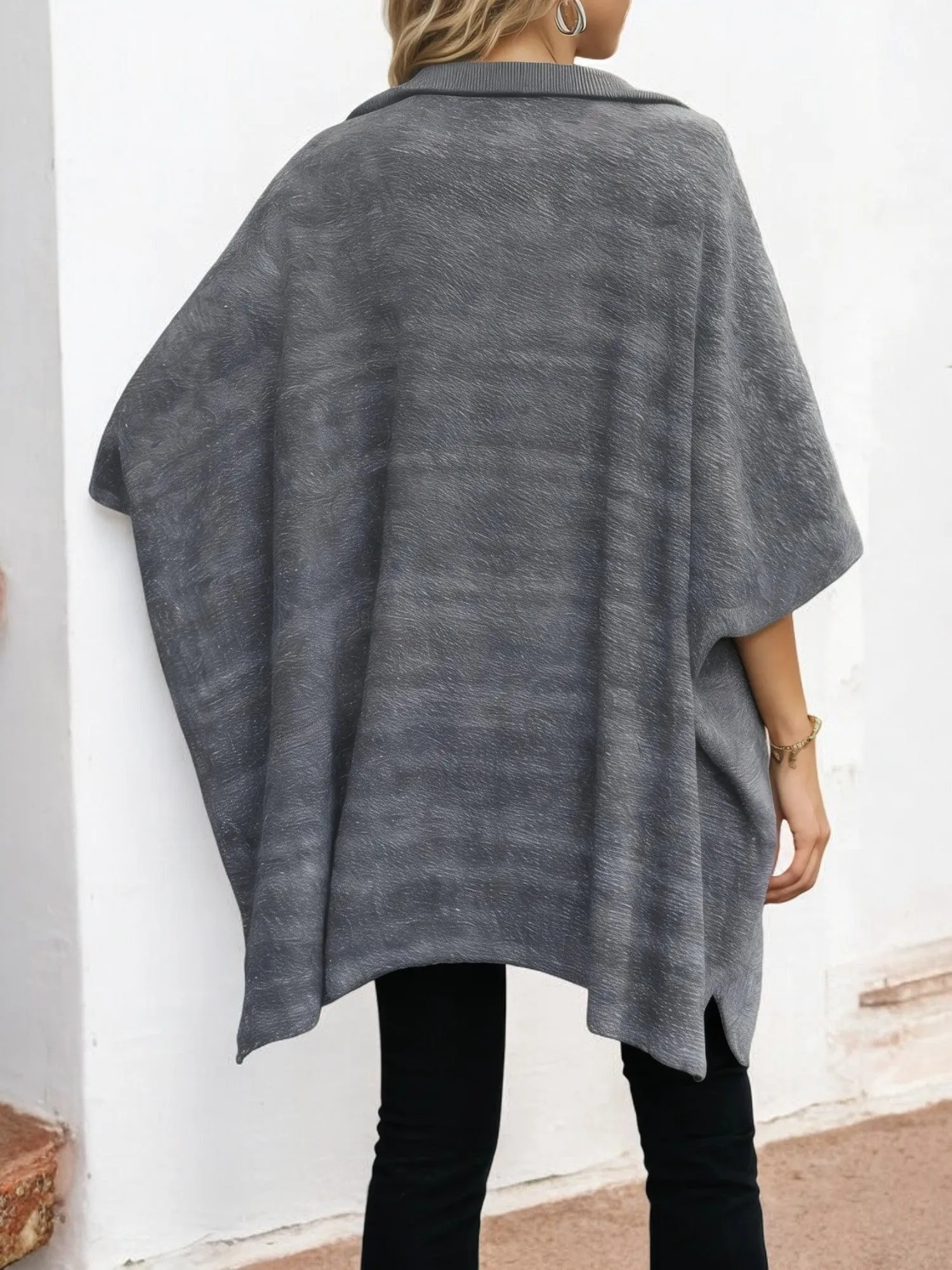 Half Sleeve Knit Poncho Sweater with Zipper Collar sold by Anna-Kaci product image thumbnail 3