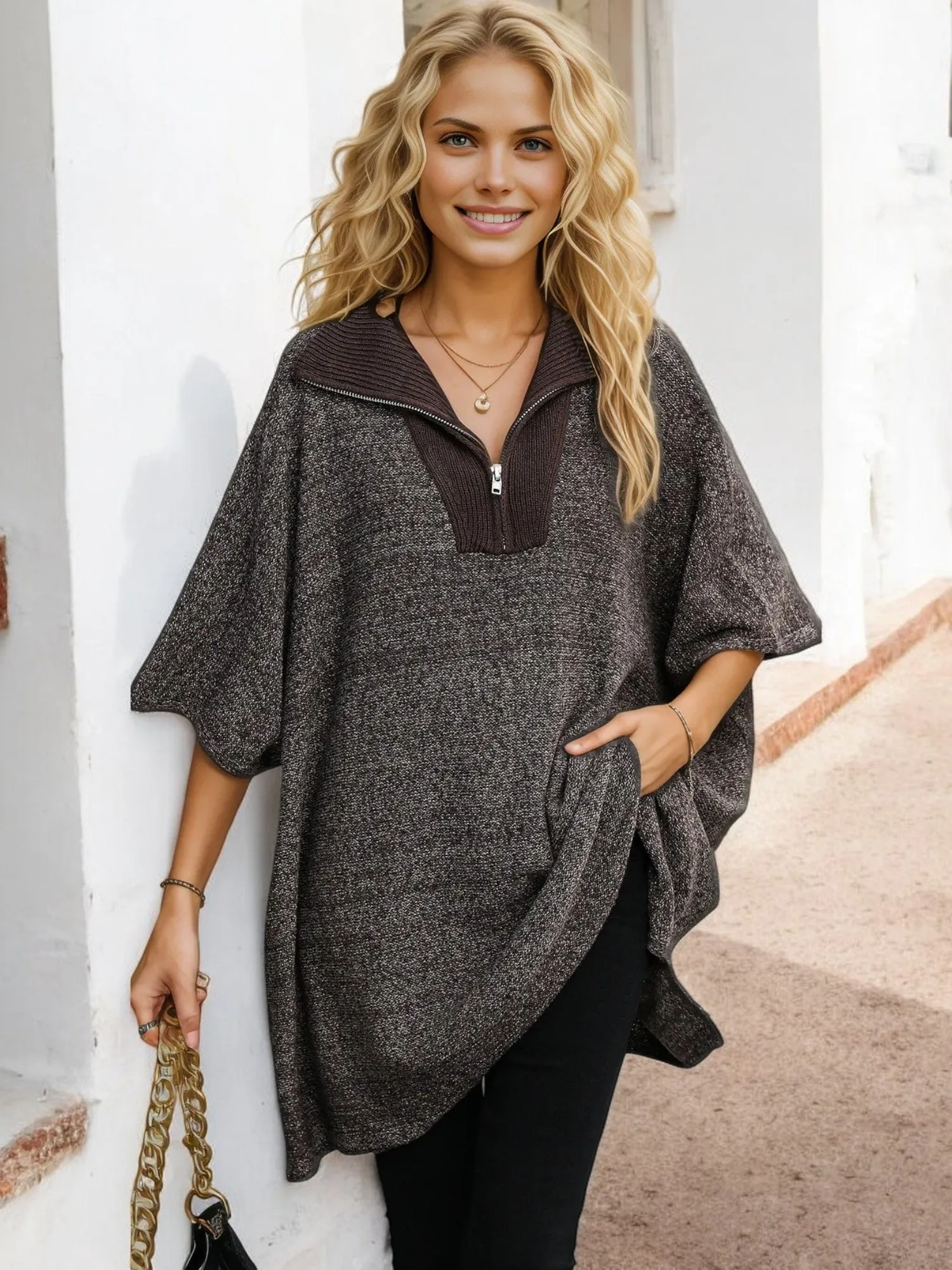 Half Sleeve Knit Poncho Sweater with Zipper Collar sold by Anna-Kaci product image thumbnail 4