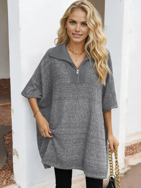 Half Sleeve Knit Poncho Sweater with Zipper Collar sold by Anna-Kaci