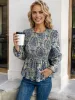 Long Sleeve Peplum Top with Ruched Waist and Floral Print sold by Anna-Kaci