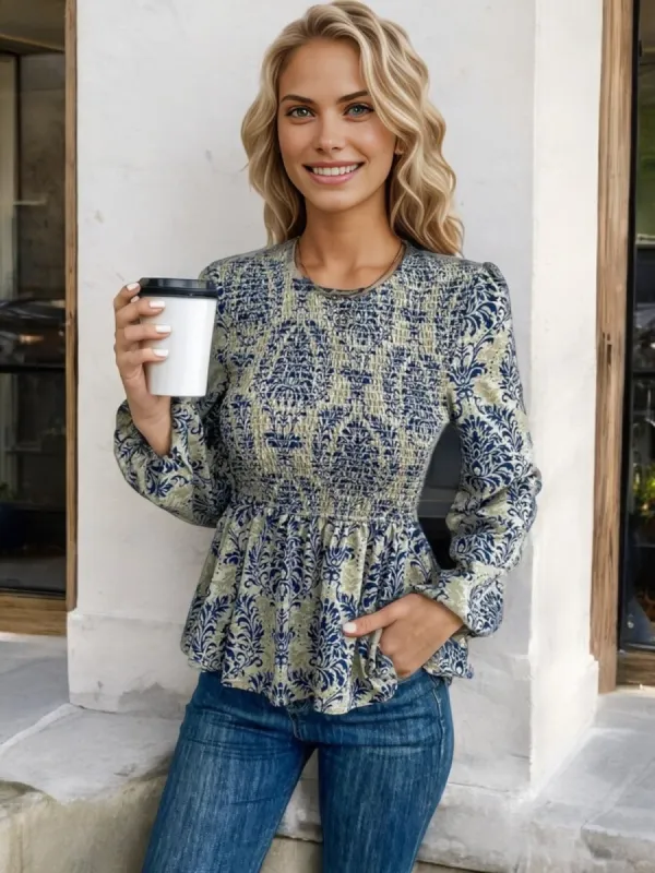 Long Sleeve Peplum Top with Ruched Waist and Floral Print sold by Anna-Kaci