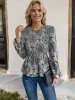 Long Sleeve Peplum Top with Ruched Waist and Floral Print sold by Anna-Kaci
