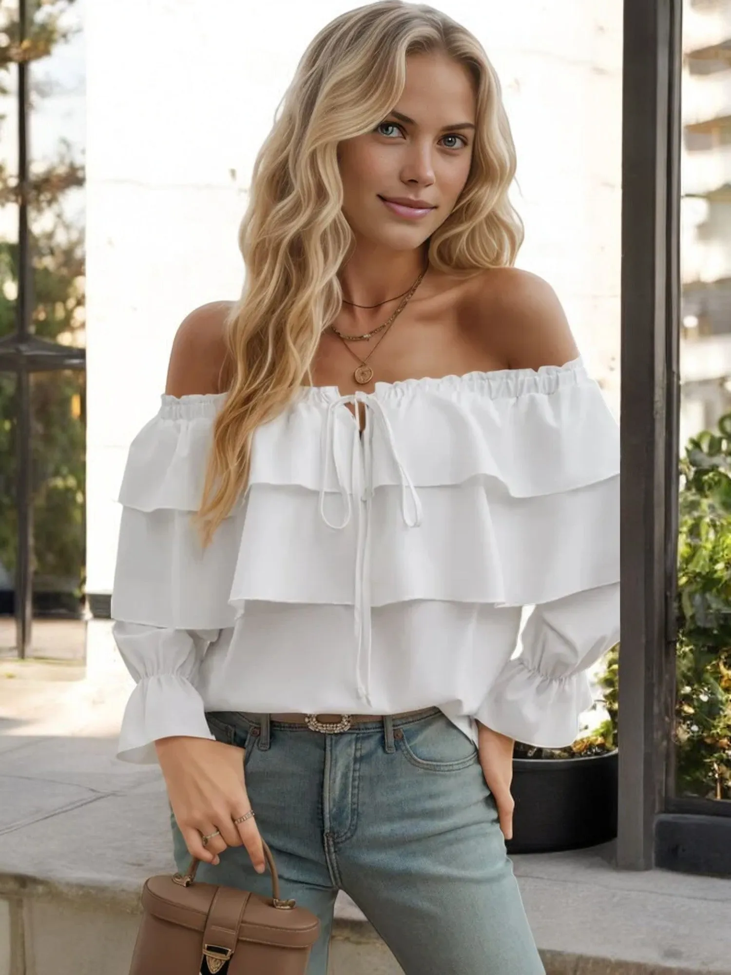 Off Shoulder Ruffle Layered Blouse with Long Sleeves and Front Tie Detail sold by Anna-Kaci