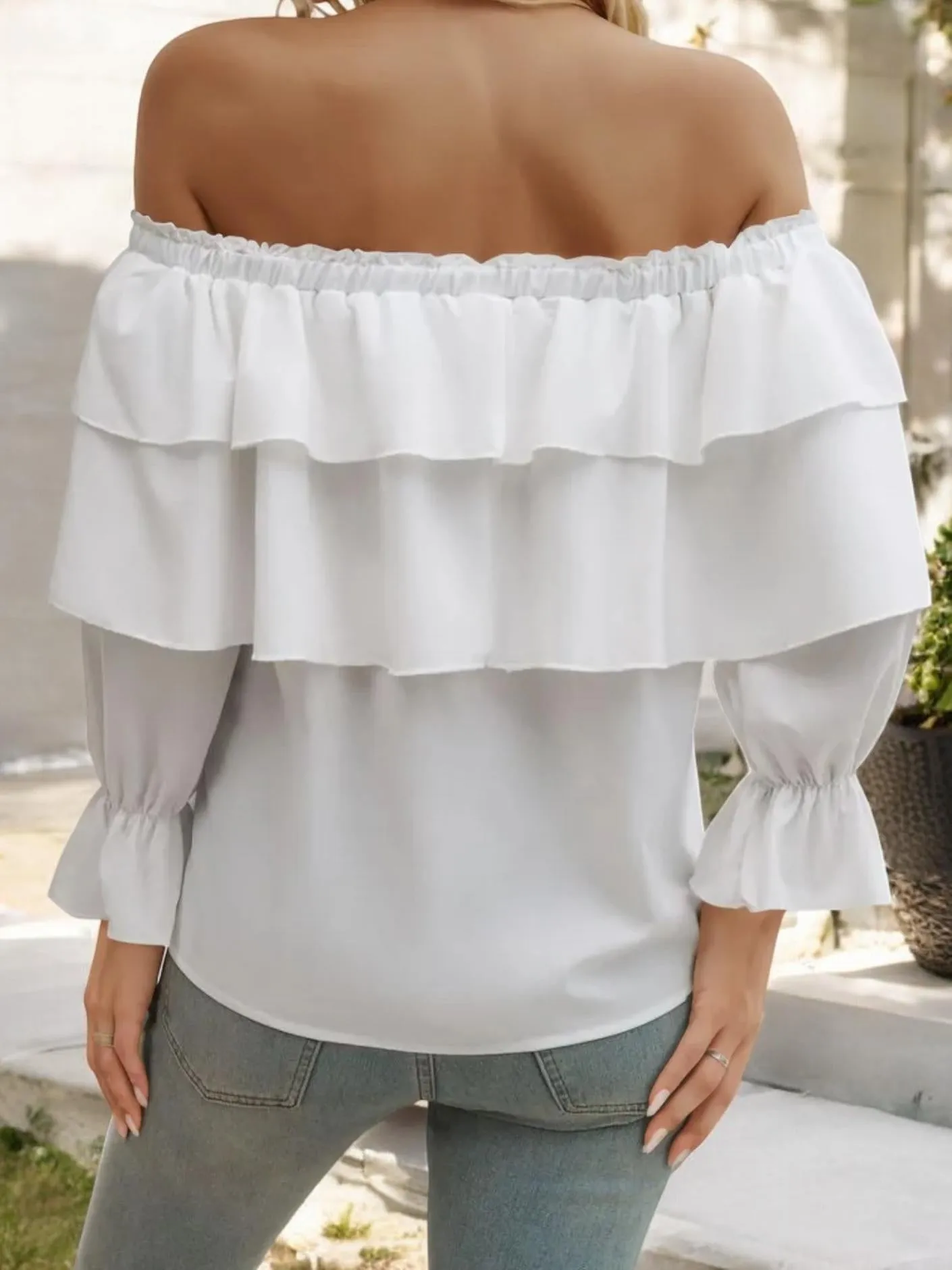 Off Shoulder Ruffle Layered Blouse with Long Sleeves and Front Tie Detail sold by Anna-Kaci product image thumbnail 5