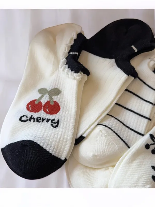 Anna-Kaci Women's Low-Cut Ankle Socks with Cherry Embroidery and Striped Design sold by Anna-Kaci