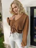 Long Sleeve V-Neck Crop Top with Ruched Drawstring Front sold by Anna-Kaci