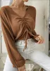 Long Sleeve V-Neck Crop Top with Ruched Drawstring Front sold by Anna-Kaci