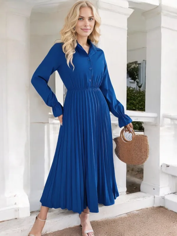 Anna-Kaci Women's Long Sleeve Pleated Midi Dress with Button-Down Front and Smocked Waist sold by Anna-Kaci