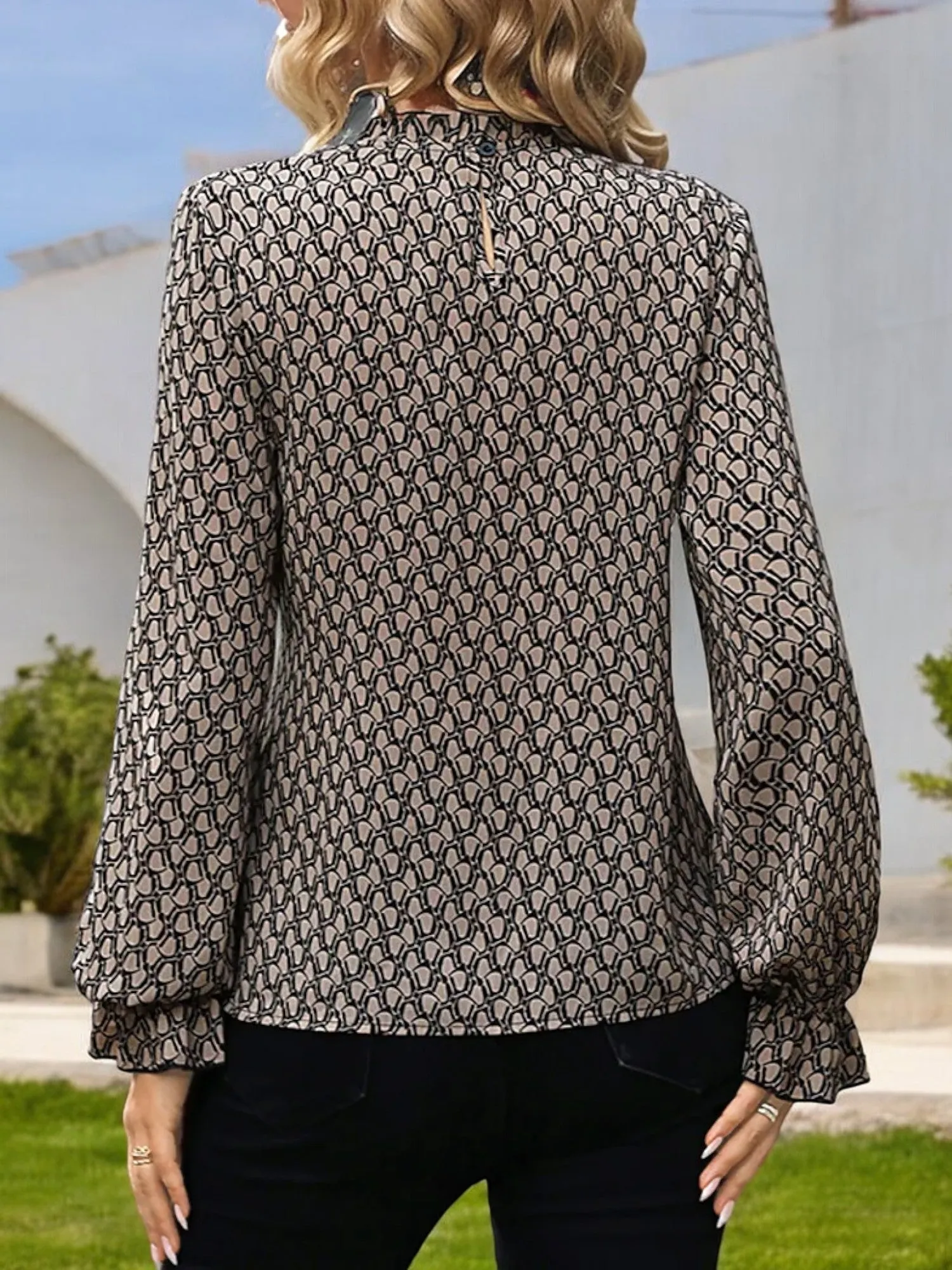 Anna-Kaci Women's Long Sleeve Printed Blouse with Tie Waist and Shirred High Neck sold by Anna-Kaci product image thumbnail 3