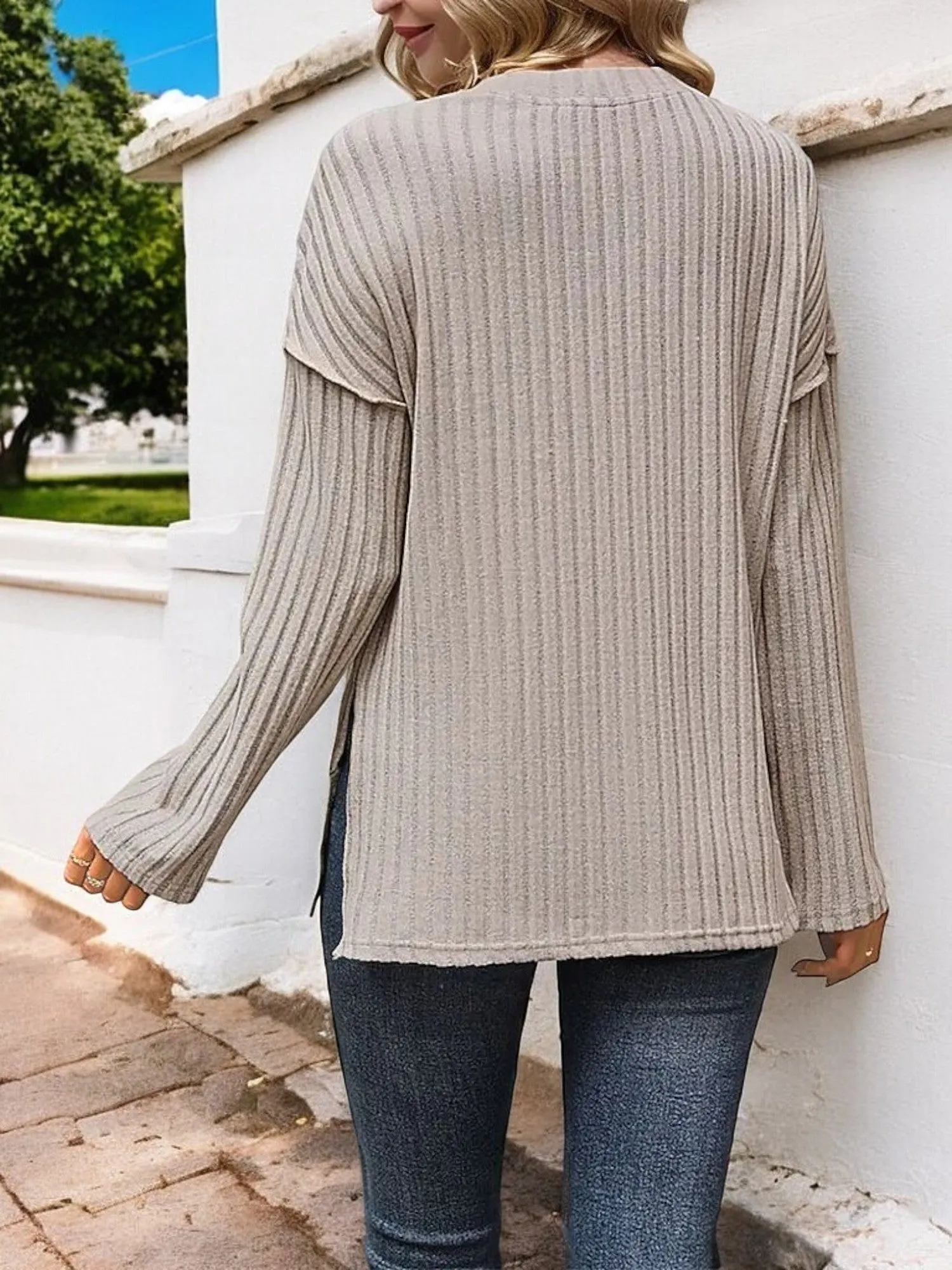 Anna-Kaci Women's Ribbed Long Sleeve Henley Top with Button Placket sold by Anna-Kaci product image thumbnail 3