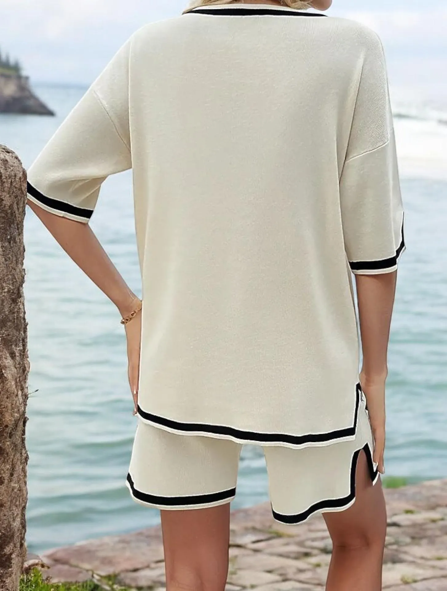 Anna-Kaci Women's V-Neck Short Sleeve Top and Drawstring Shorts Loungewear Set with Contrast Trim sold by Anna-Kaci product image thumbnail 3