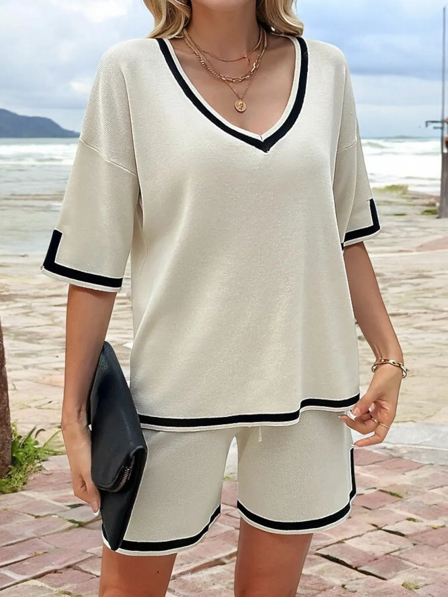 Anna-Kaci Women's V-Neck Short Sleeve Top and Drawstring Shorts Loungewear Set with Contrast Trim sold by Anna-Kaci product image thumbnail 4