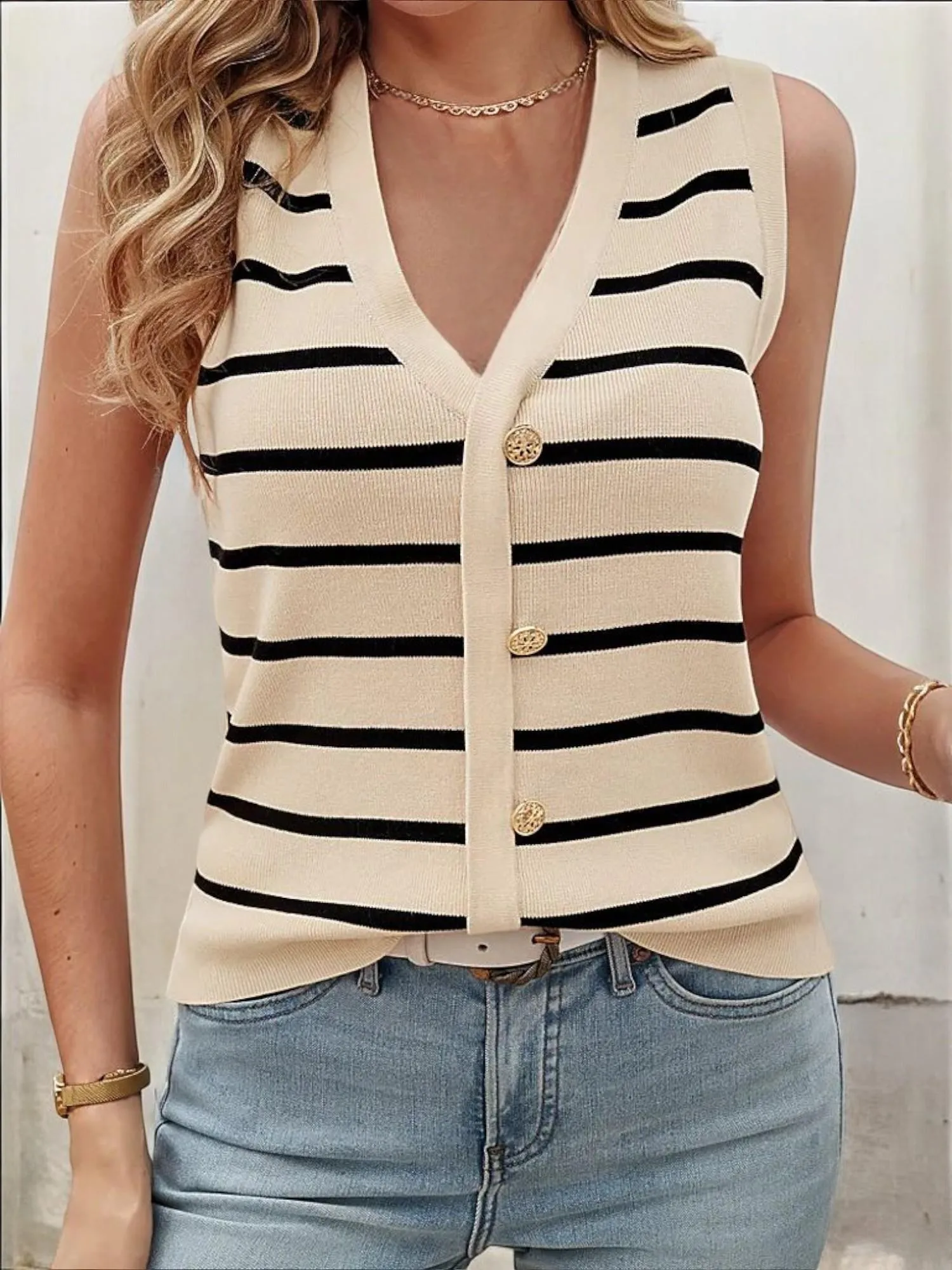 Anna-Kaci Women's Striped Button-Down Sleeveless Sweater Vest with V-Neckline sold by Anna-Kaci product image thumbnail 4