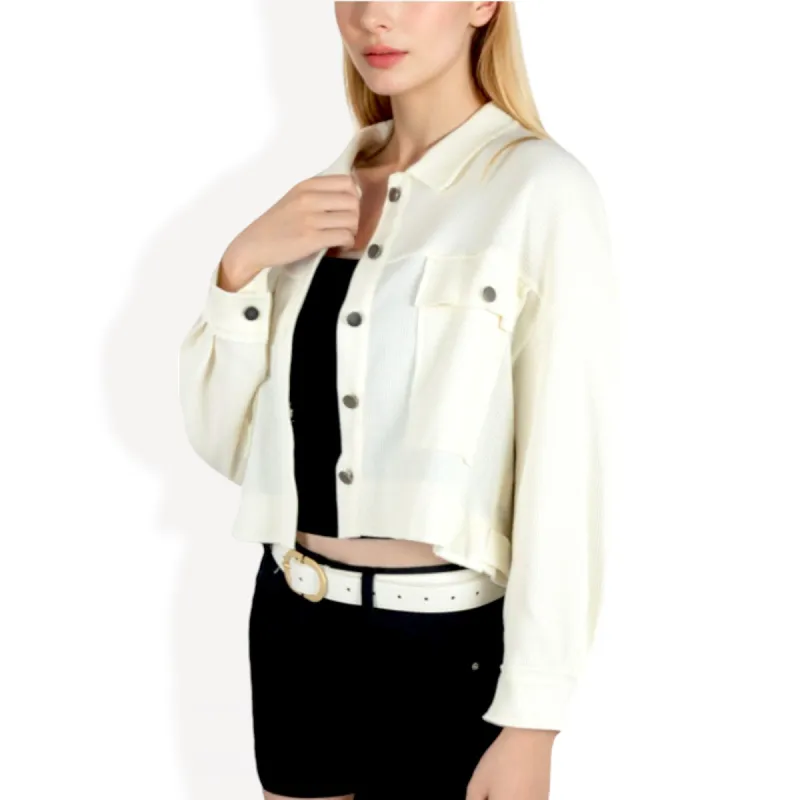 Anna-Kaci Women's Cropped Button-Up Jacket with Chest Pockets and Collared Neckline sold by Anna-Kaci