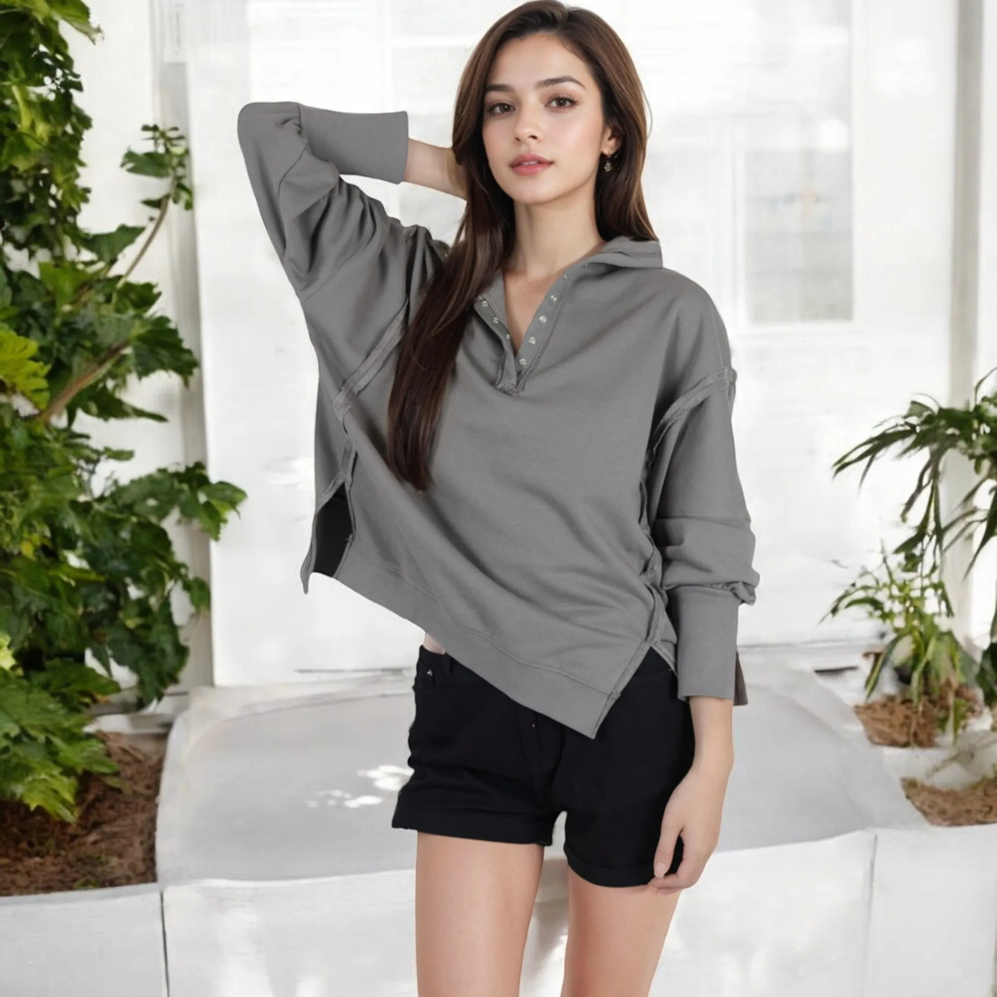 Anna-Kaci Women's Oversized Long Sleeve Pullover with Snap Button Collar and Raw Edge Hem sold by Anna-Kaci product image thumbnail 4