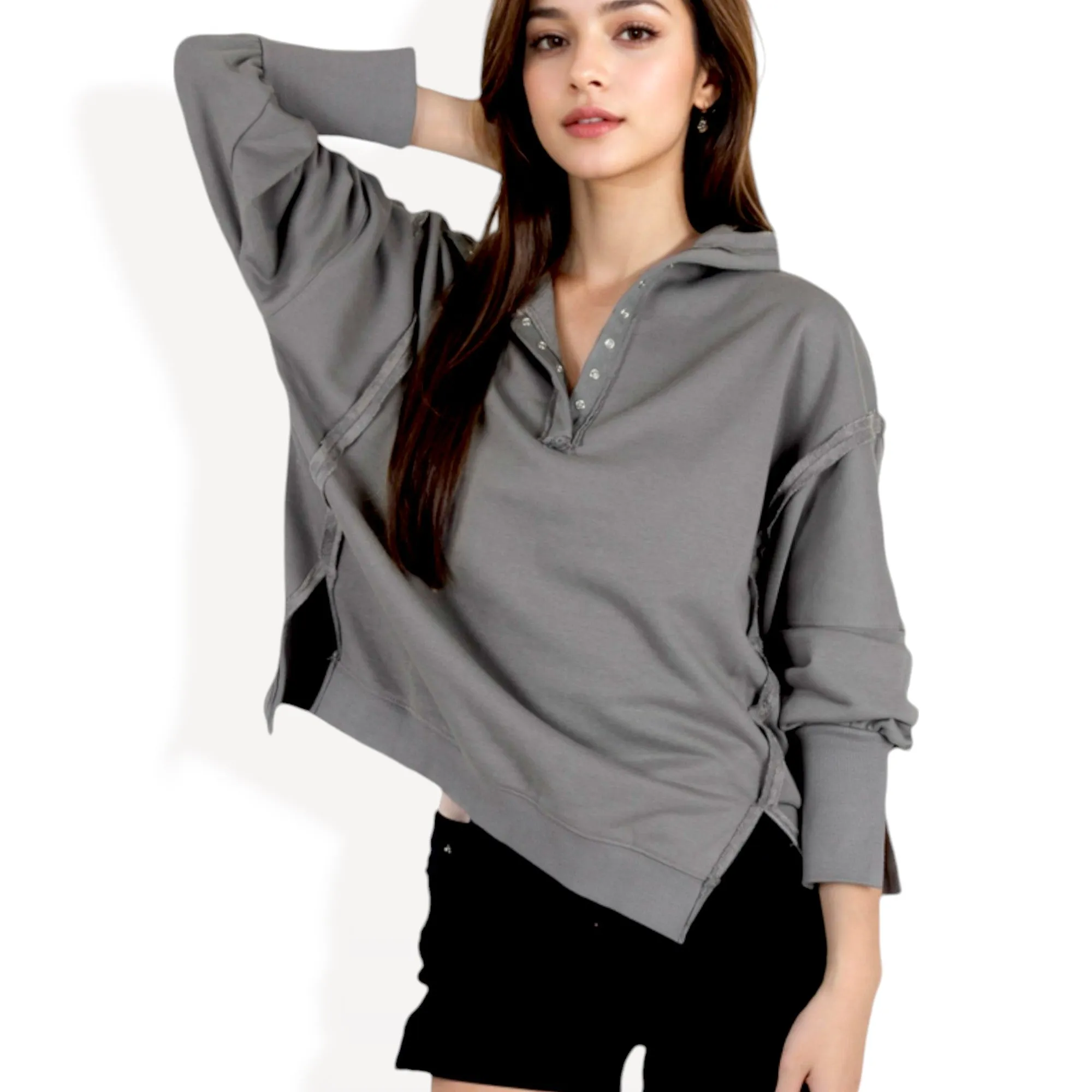Anna-Kaci Women's Oversized Long Sleeve Pullover with Snap Button Collar and Raw Edge Hem sold by Anna-Kaci