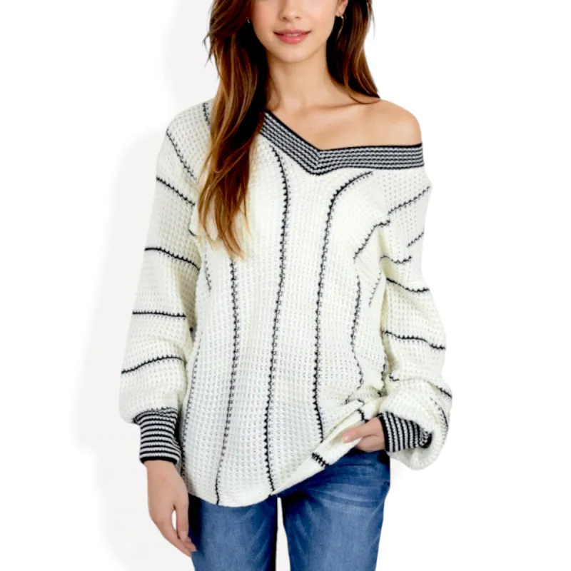 Anna-Kaci Women's Long Sleeve Waffle Knit Striped Sweater with Off-Shoulder Detail sold by Anna-Kaci