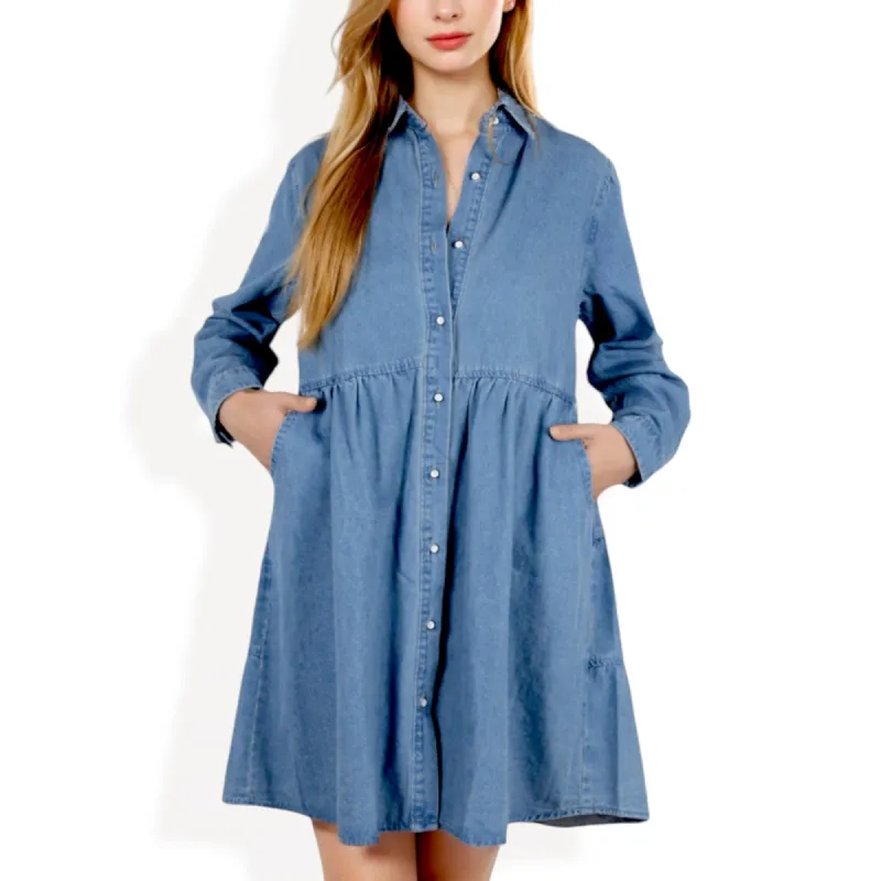 Anna-Kaci Women's Long Sleeve Denim Shirt Dress with Front Button Closure and Gathered Waist sold by Anna-Kaci