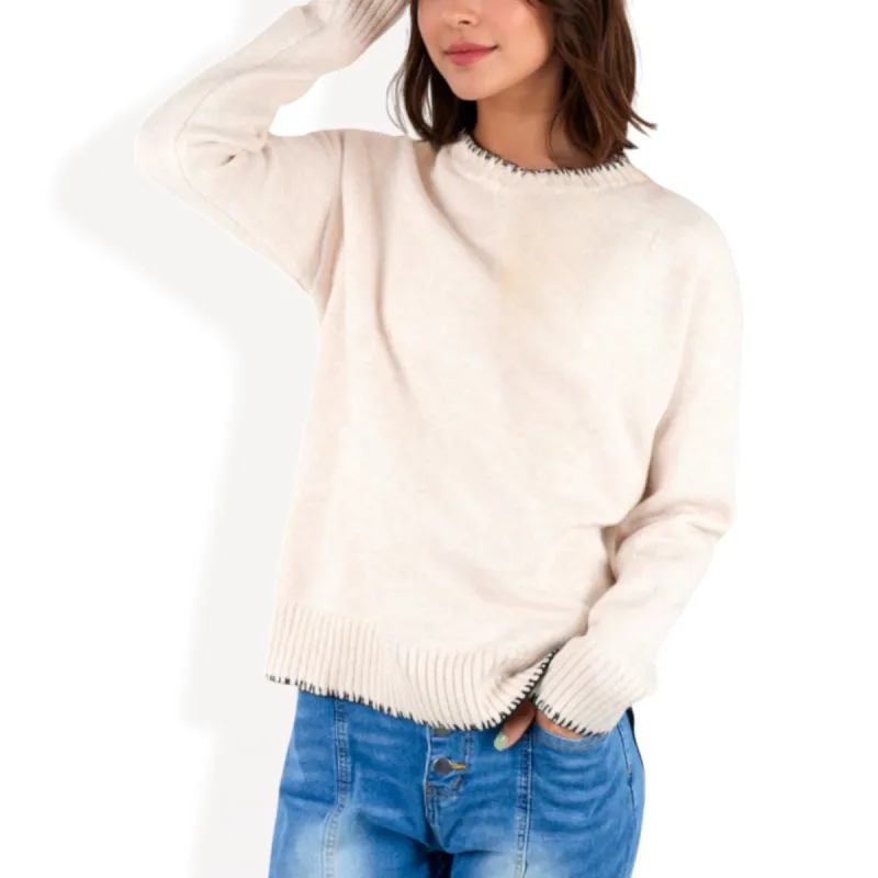 Anna-Kaci Women's Crew Neck Long Sleeve Knit Sweater with Contrast Trim and Ribbed Hem sold by Anna-Kaci