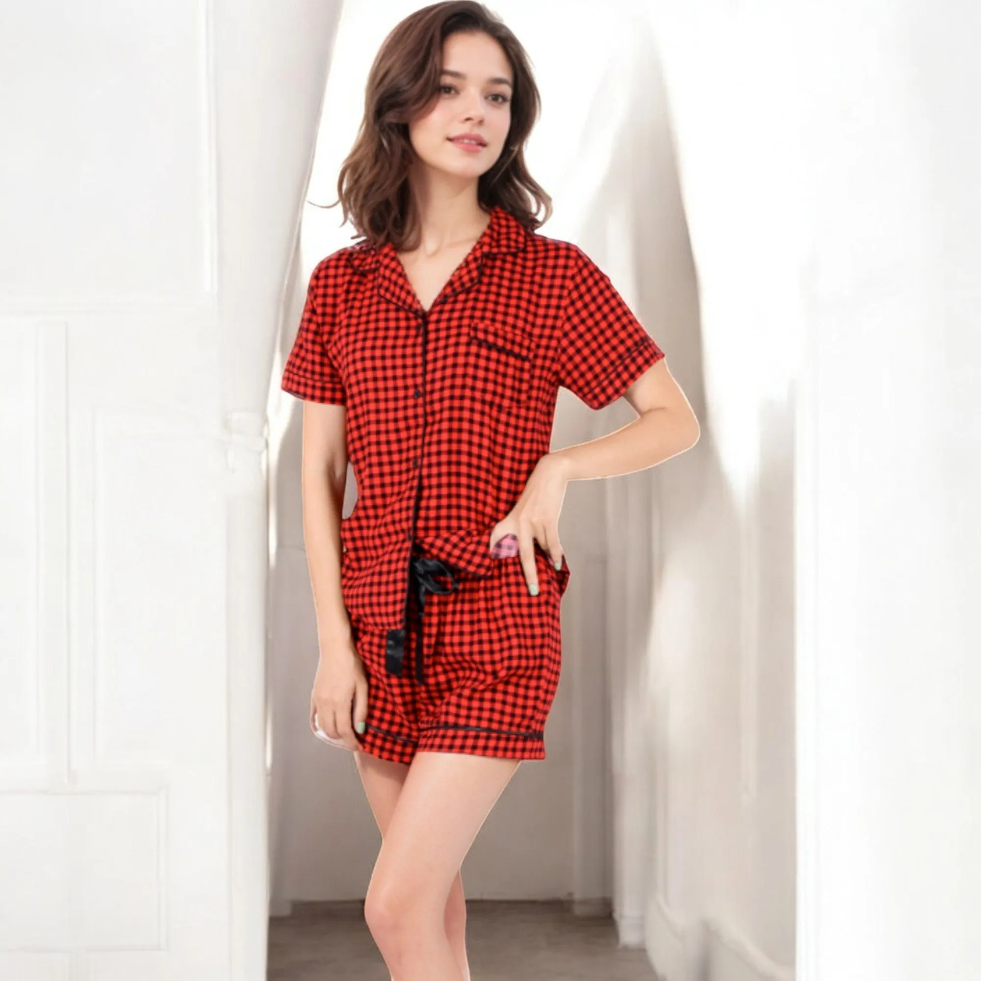 Anna-Kaci Women's Short Sleeve Button-Up Plaid Pajama Set with Drawstring Shorts sold by Anna-Kaci product image thumbnail 2