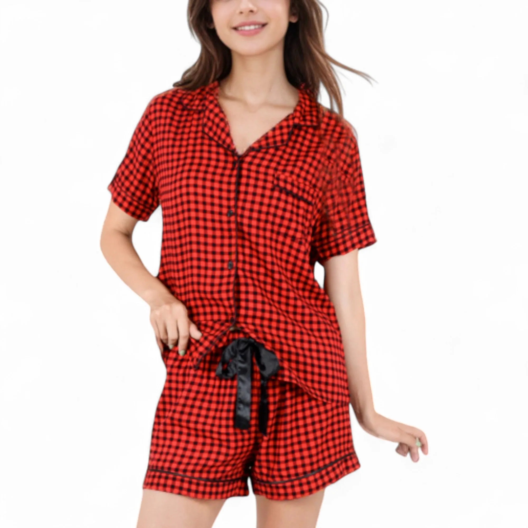 Anna-Kaci Women's Short Sleeve Button-Up Plaid Pajama Set with Drawstring Shorts sold by Anna-Kaci