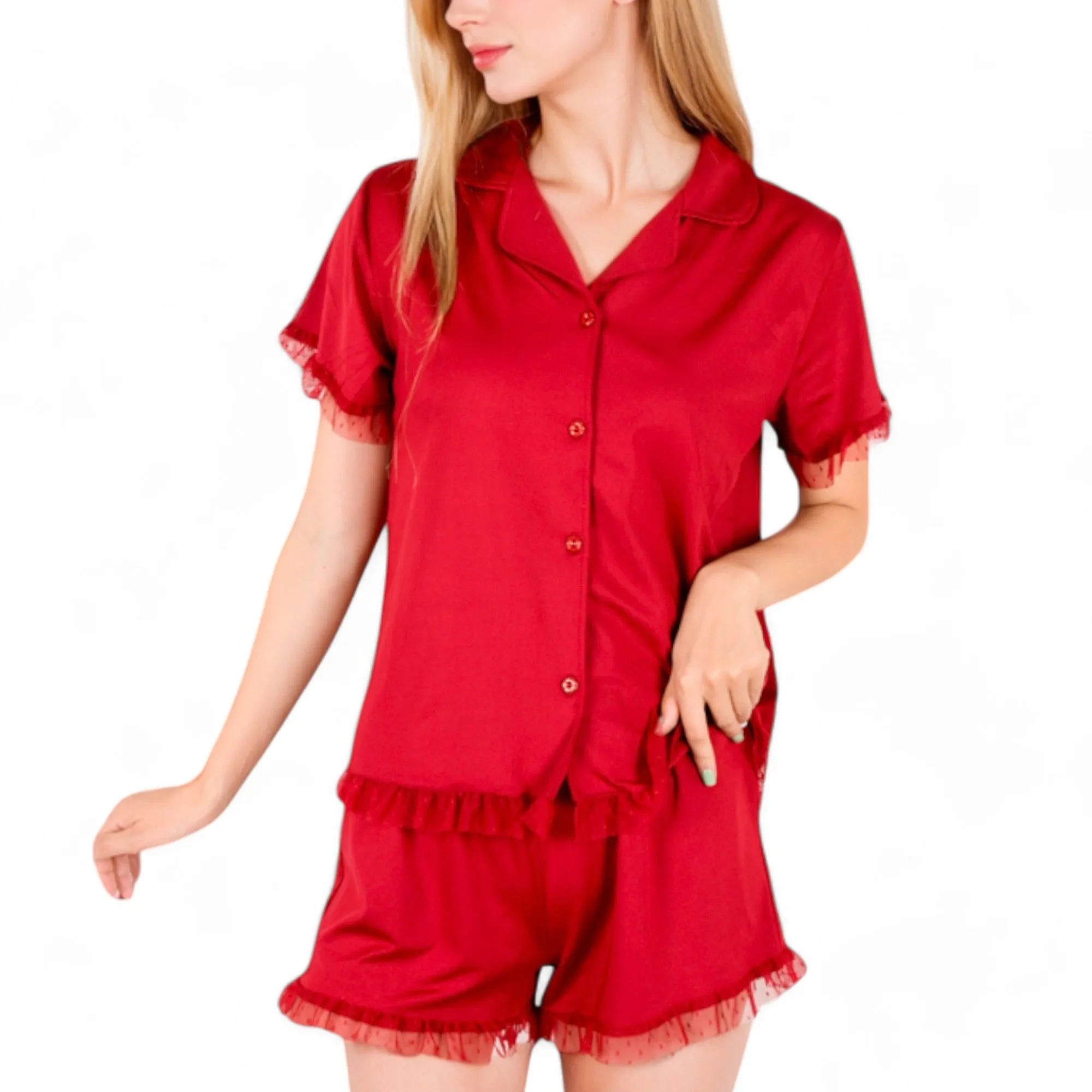 Anna-Kaci Women's Button-Up Short Sleeve Pajama Set with Ruffled Trim and Shorts sold by Anna-Kaci