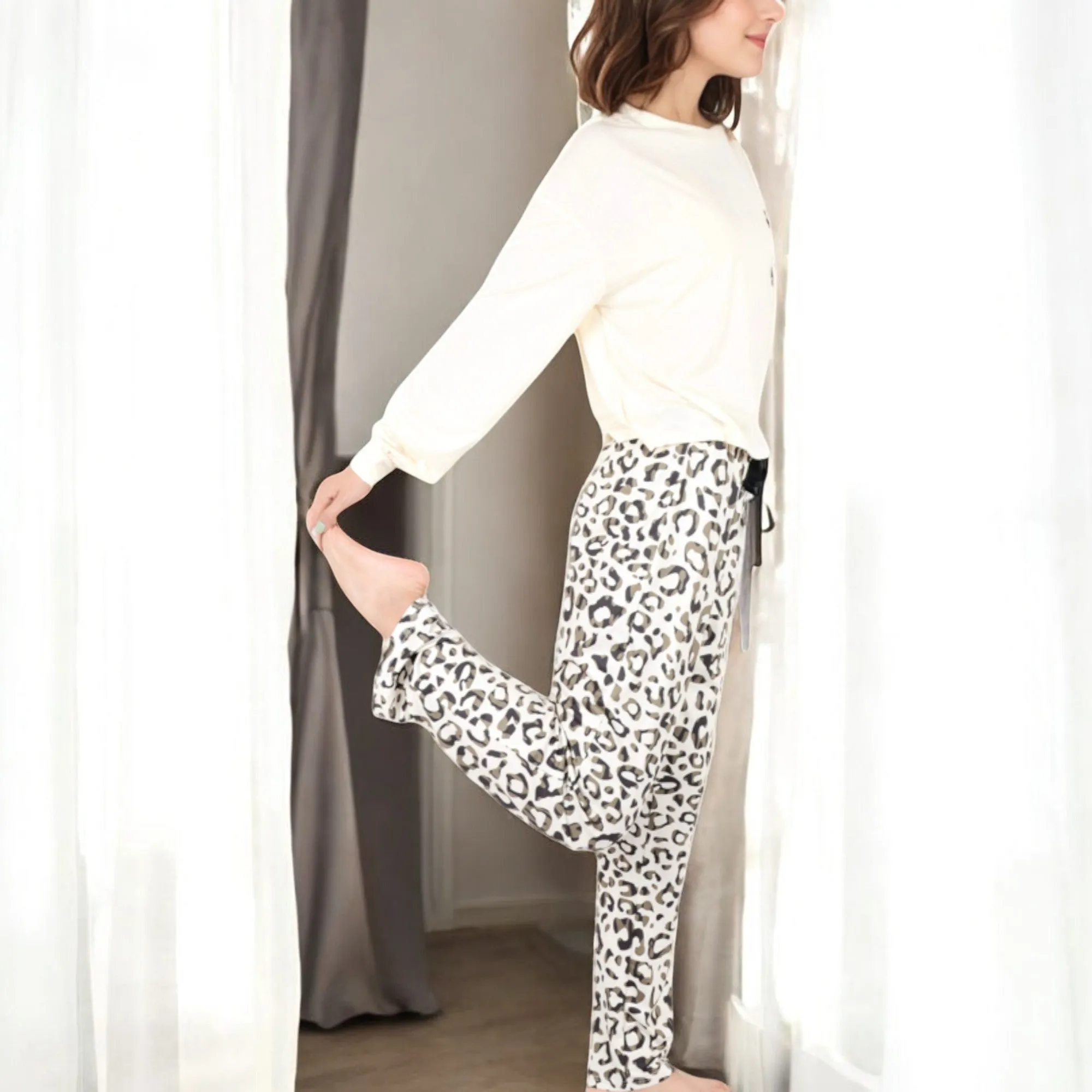 Anna-Kaci Women's Long Sleeve Pajama Set with Leopard Print Drawstring Pants and Chest Pocket sold by Anna-Kaci product image thumbnail 4