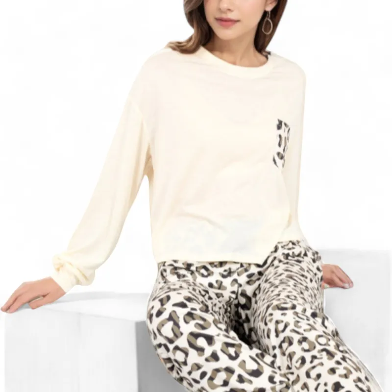 Anna-Kaci Women's Long Sleeve Pajama Set with Leopard Print Drawstring Pants and Chest Pocket sold by Anna-Kaci