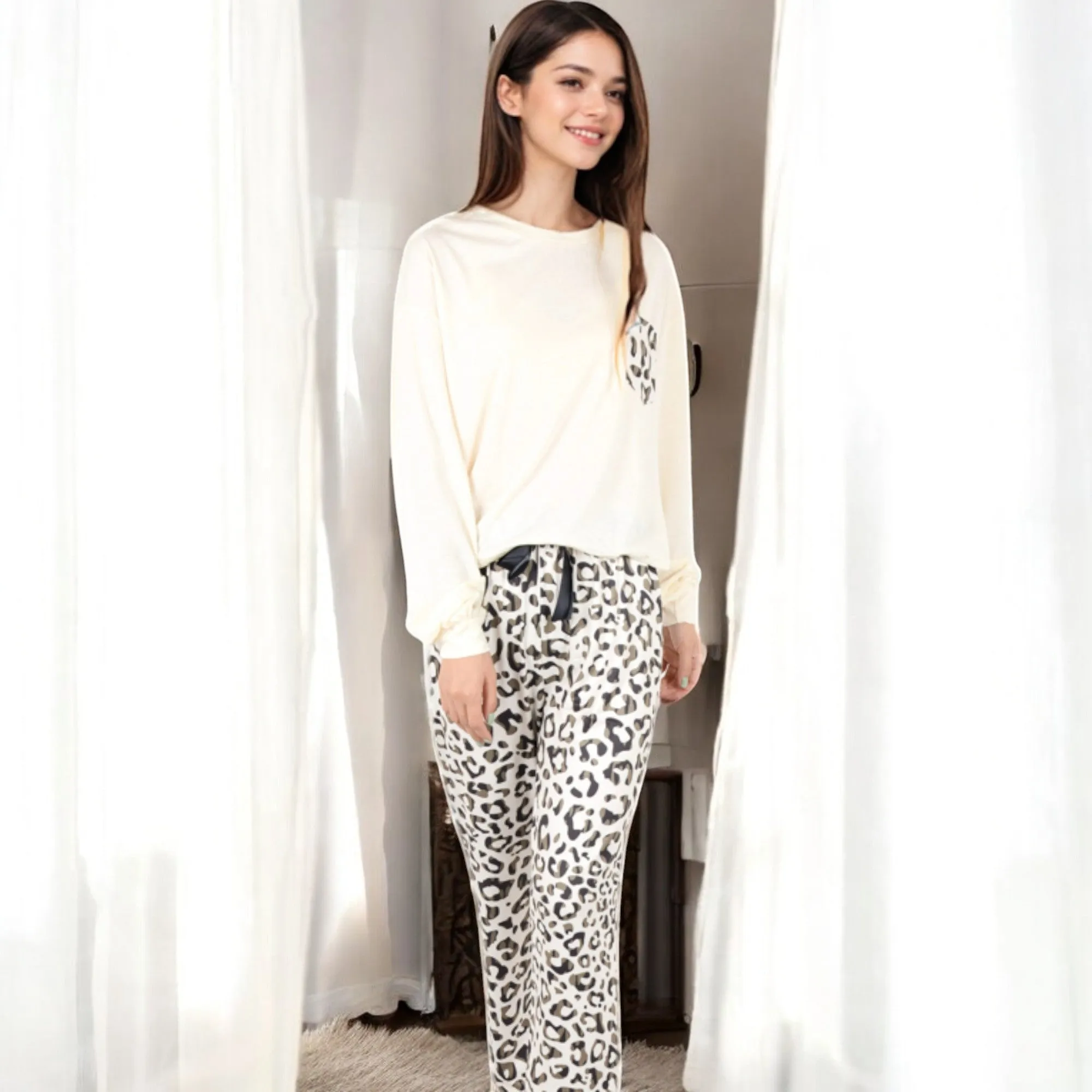 Anna-Kaci Women's Long Sleeve Pajama Set with Leopard Print Drawstring Pants and Chest Pocket sold by Anna-Kaci product image thumbnail 5