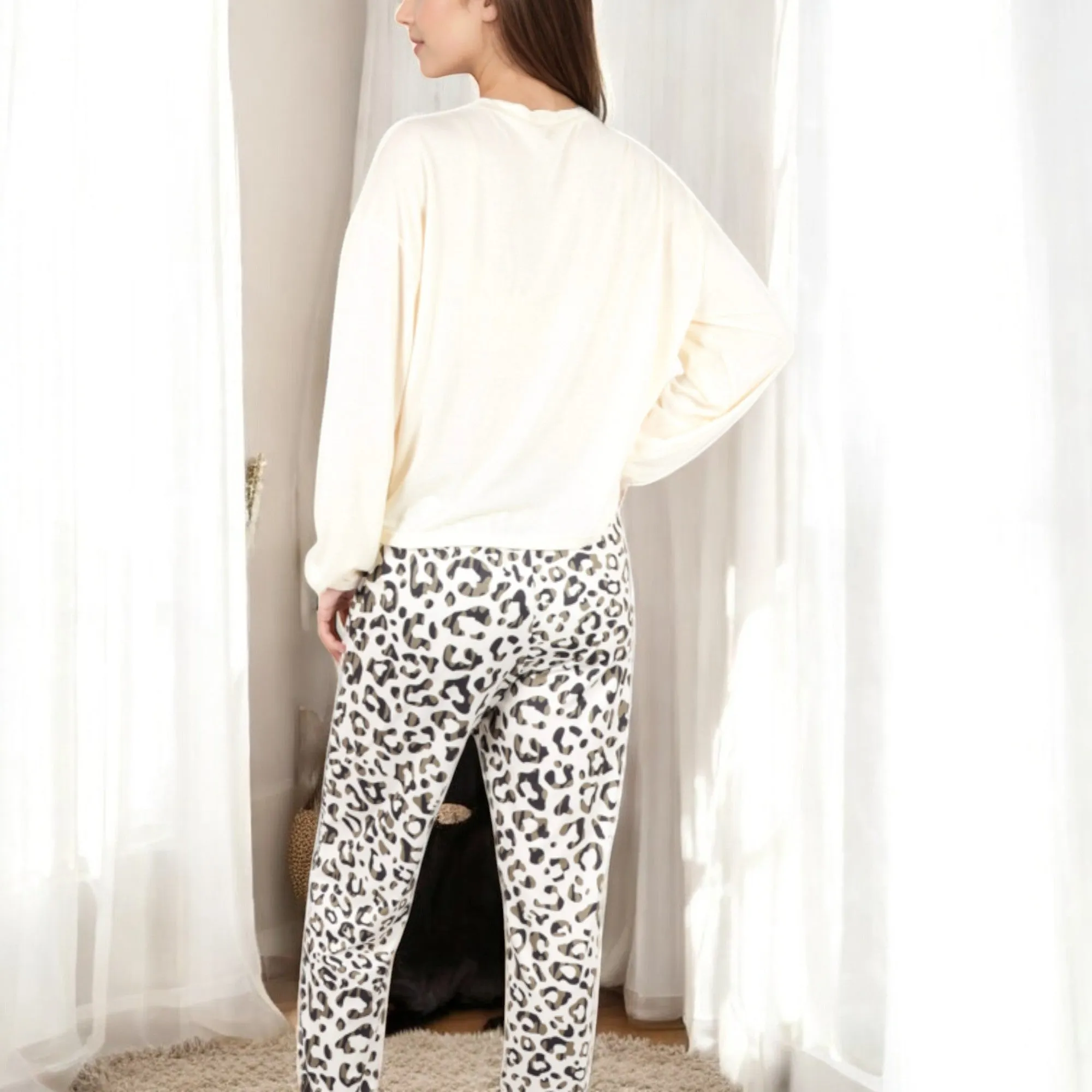 Anna-Kaci Women's Long Sleeve Pajama Set with Leopard Print Drawstring Pants and Chest Pocket sold by Anna-Kaci product image thumbnail 2